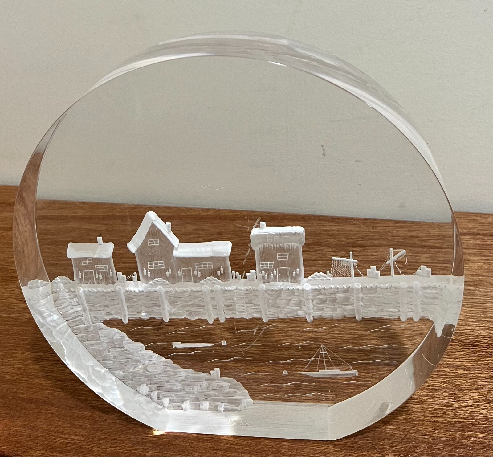 1978 Ronald Fox Reverse Carved Lucite Fishing Village MCM
