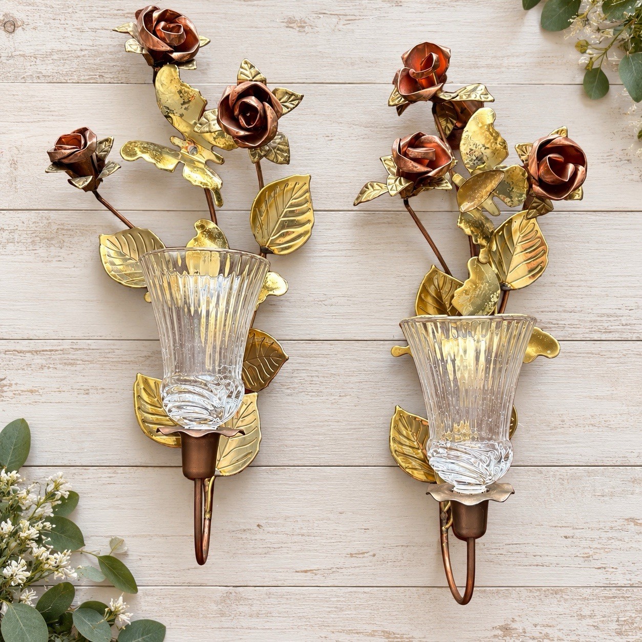 Vtg Pair Brass Copper Rose Floral Butterfly Wall Sconces Glass Candle Holders