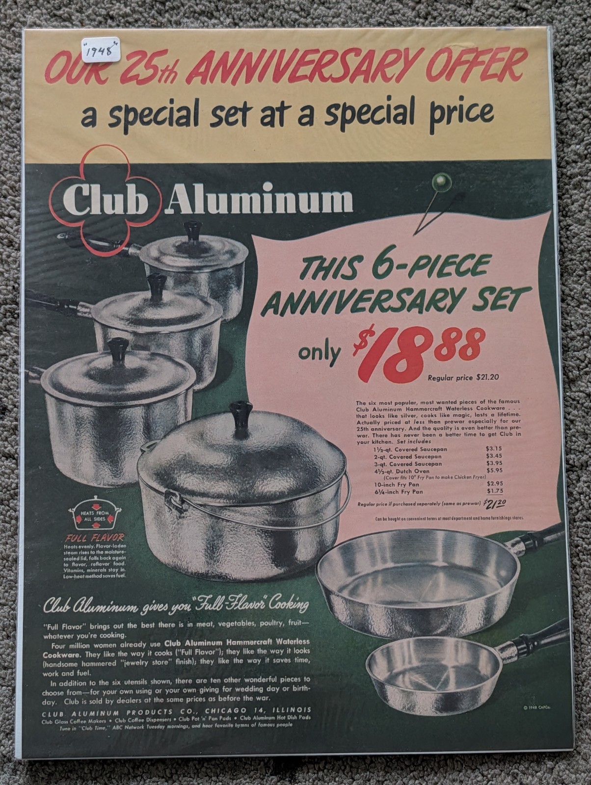 1948 VTG Original Magazine Ad Club Aluminum Pots Dishes 25th Anniversary Offer