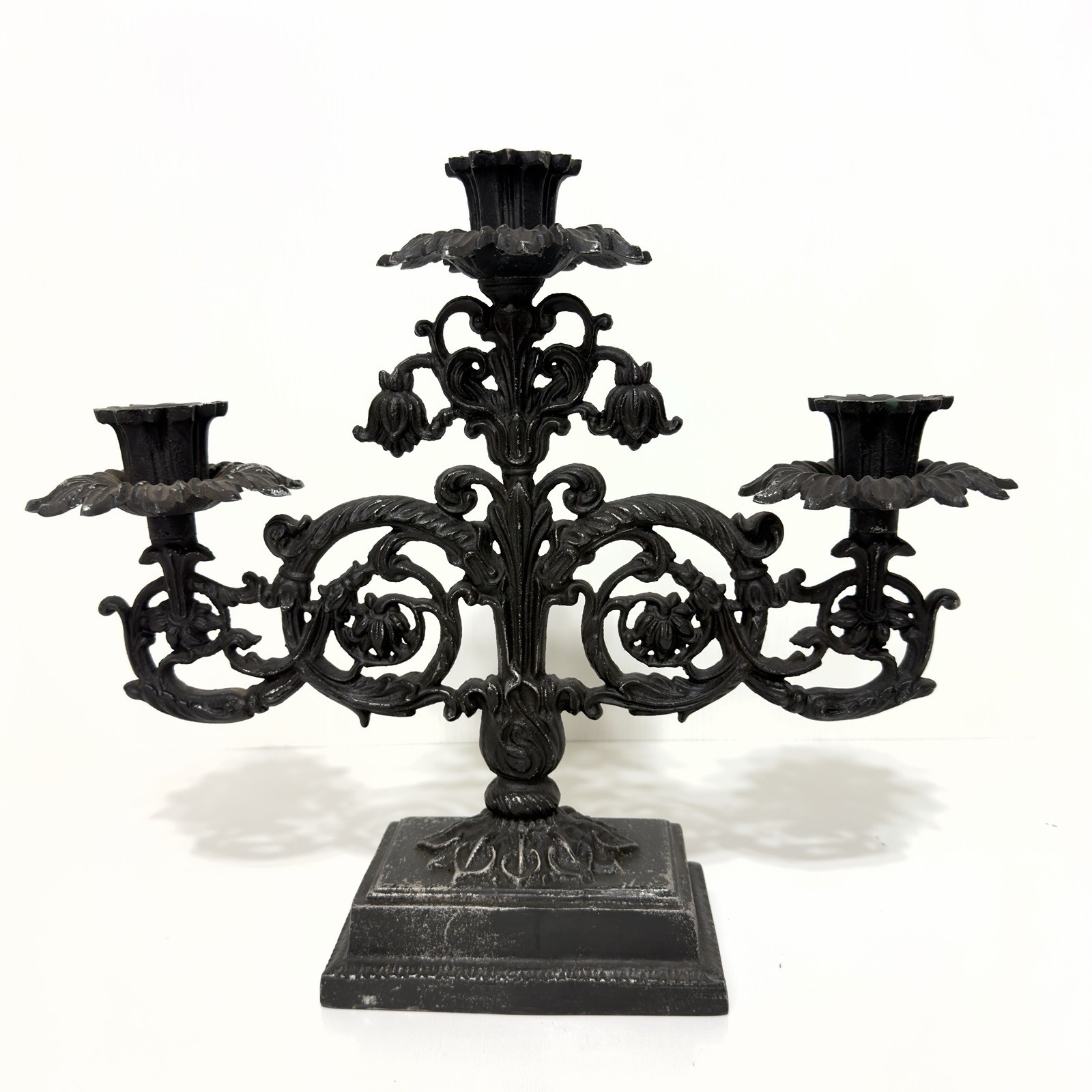 Vintage Ornate Gothic Medieval Cast Iron 1Candelabra 2 Arms 3 Candle Holder 13.5