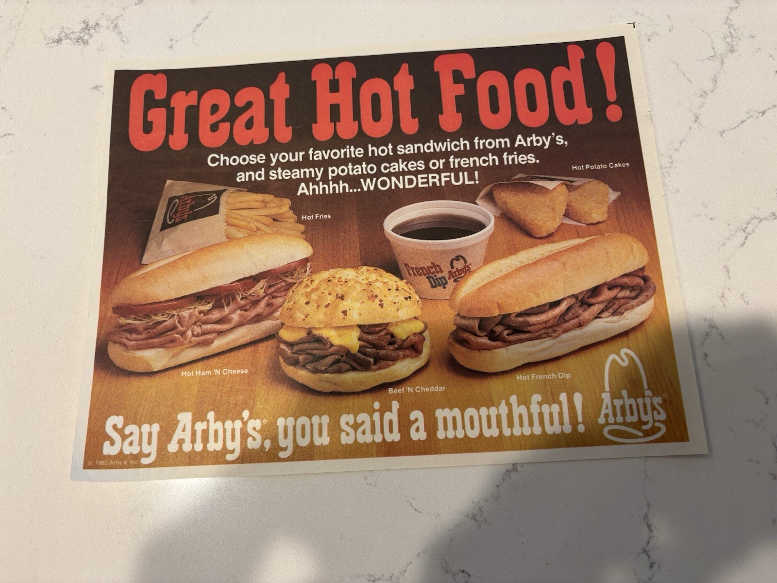 Vintage  Great Hot Food MOUTHFUL Arby\'s 1982 Paper Placemat