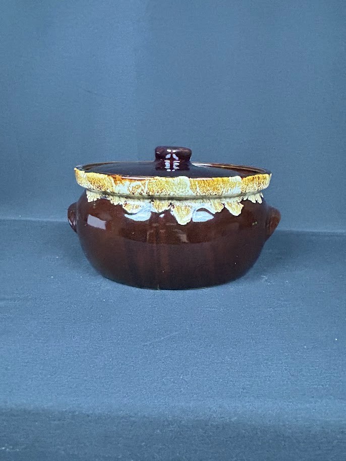 Vintage USA Brown Drip Glazed Stoneware Covered Casserole / Bean Pot