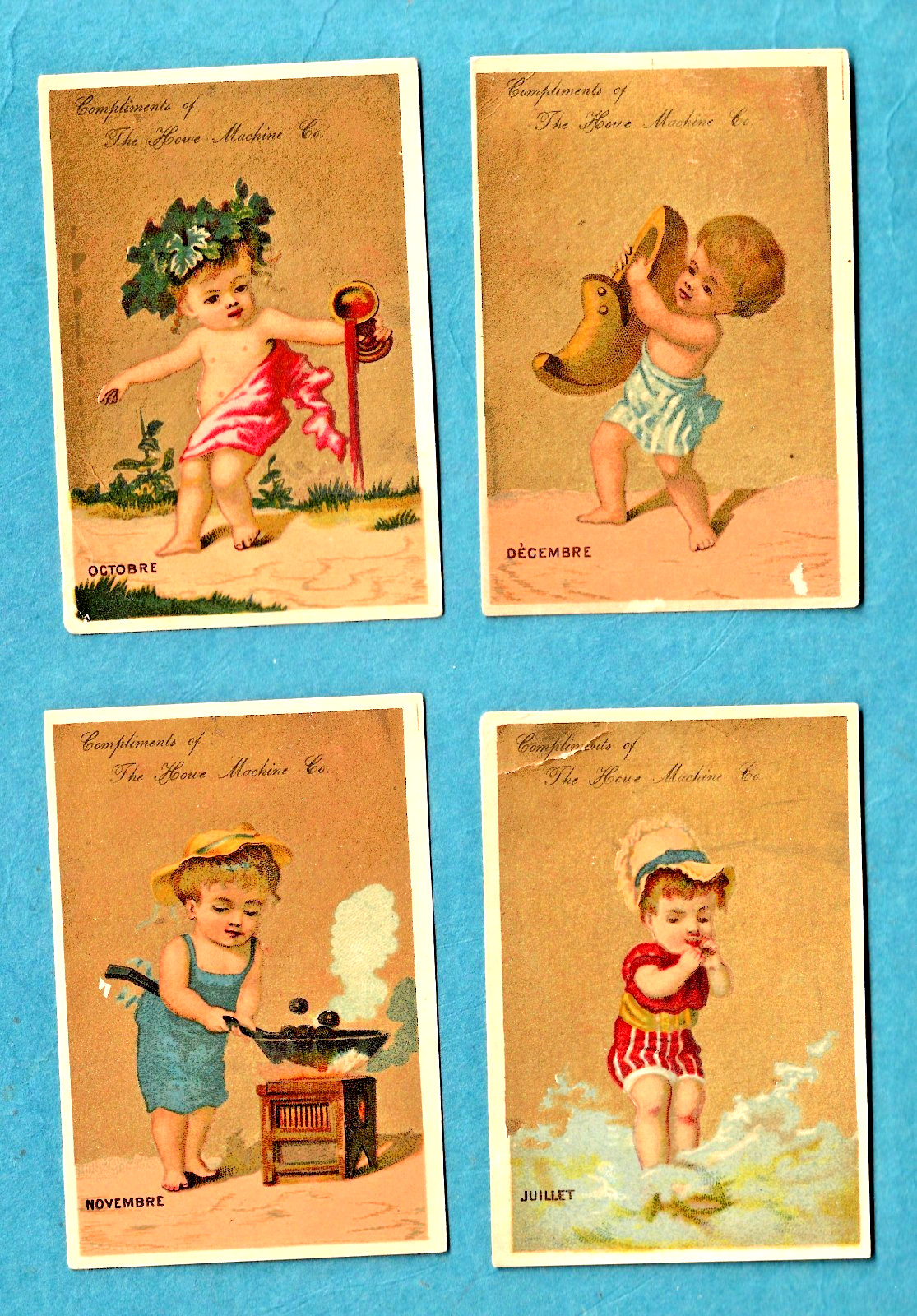 1880s New B Howe Sewing Machine Calendar Trade Cards Lot of 4 French; Holiday