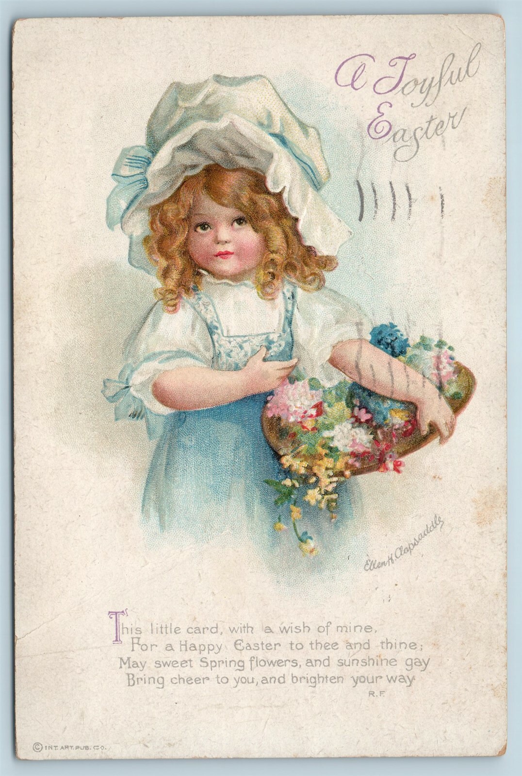 Postcard Easter A Joyful Easter Girl Basket of Flowers Poem a/s Clapsaddle Y1