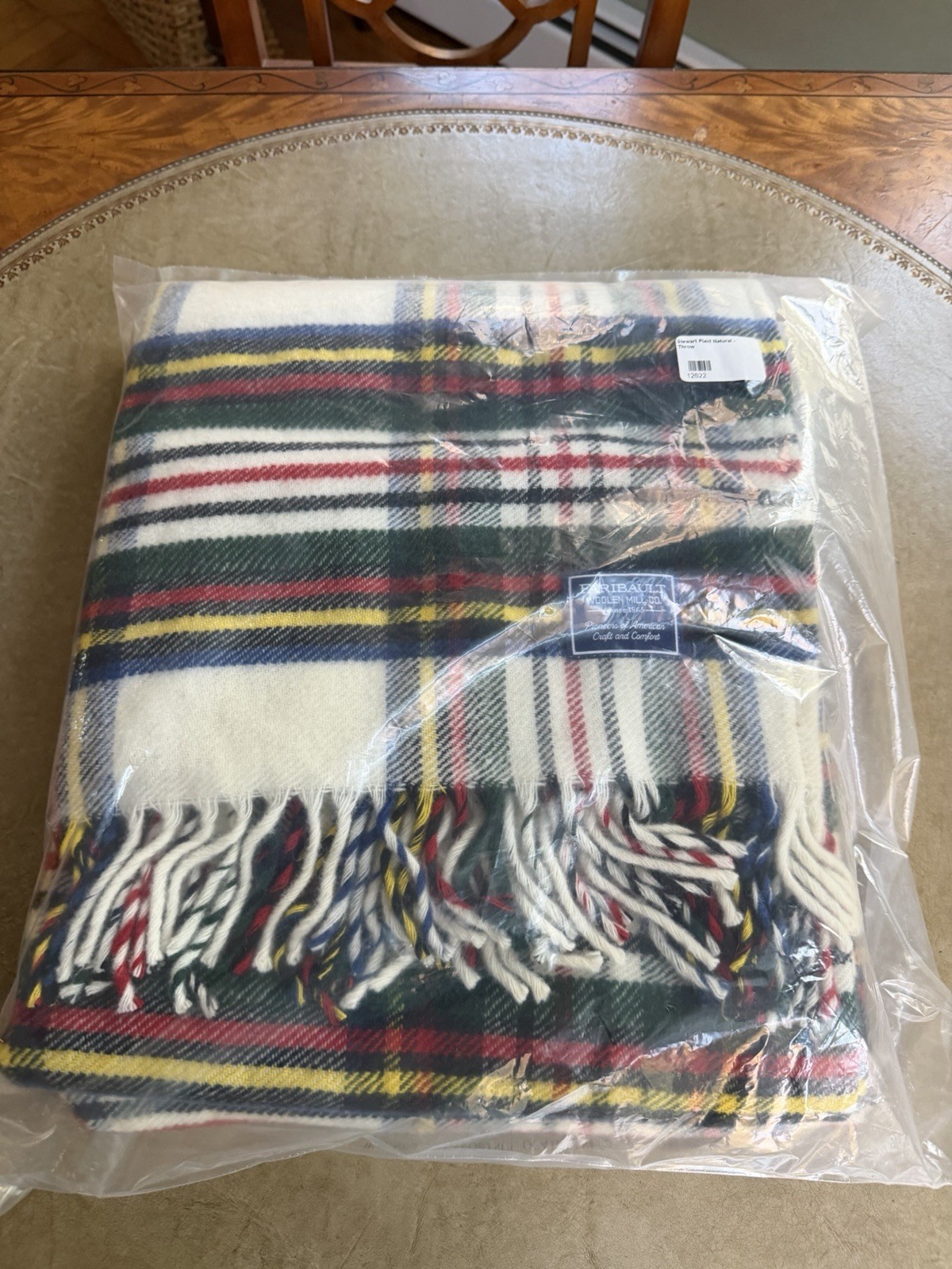 Faribault Woolen Mill Co Wool Stewart Plaid Natural Throw New in Package