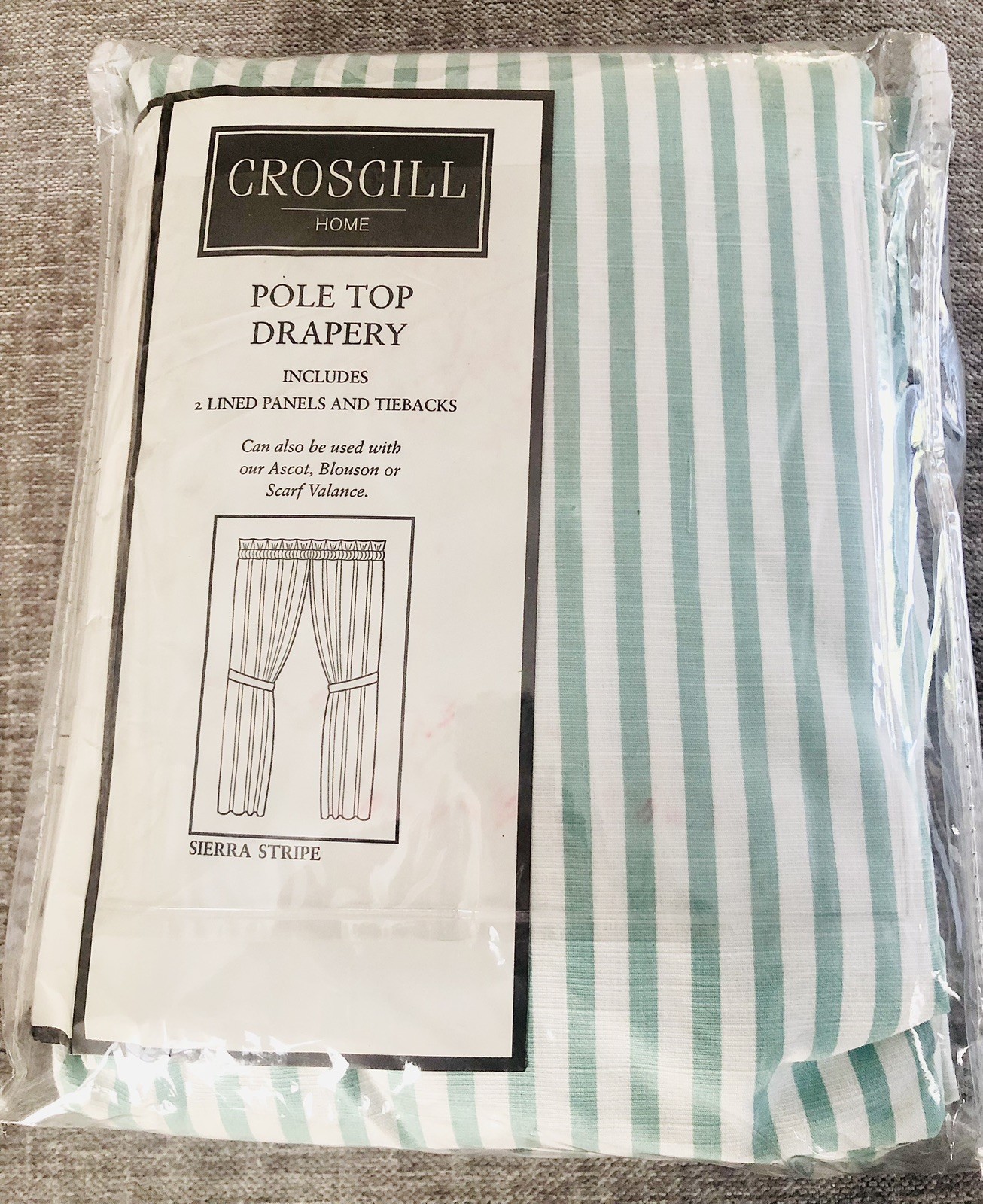 A Vtg Croscill Sierra Stripe Pole Top Draperies Lined Aqua White 82”x84” NOS USA