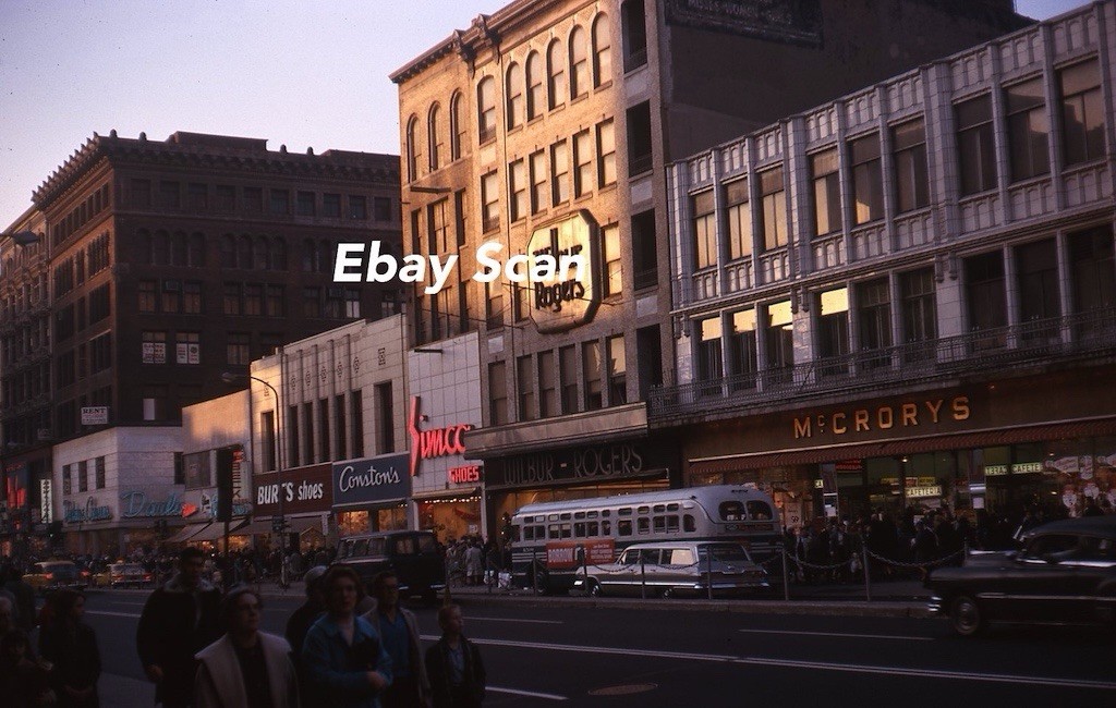 Original 35mm Slide City Street Scene McCrorys Stores Bus Cars People 1962