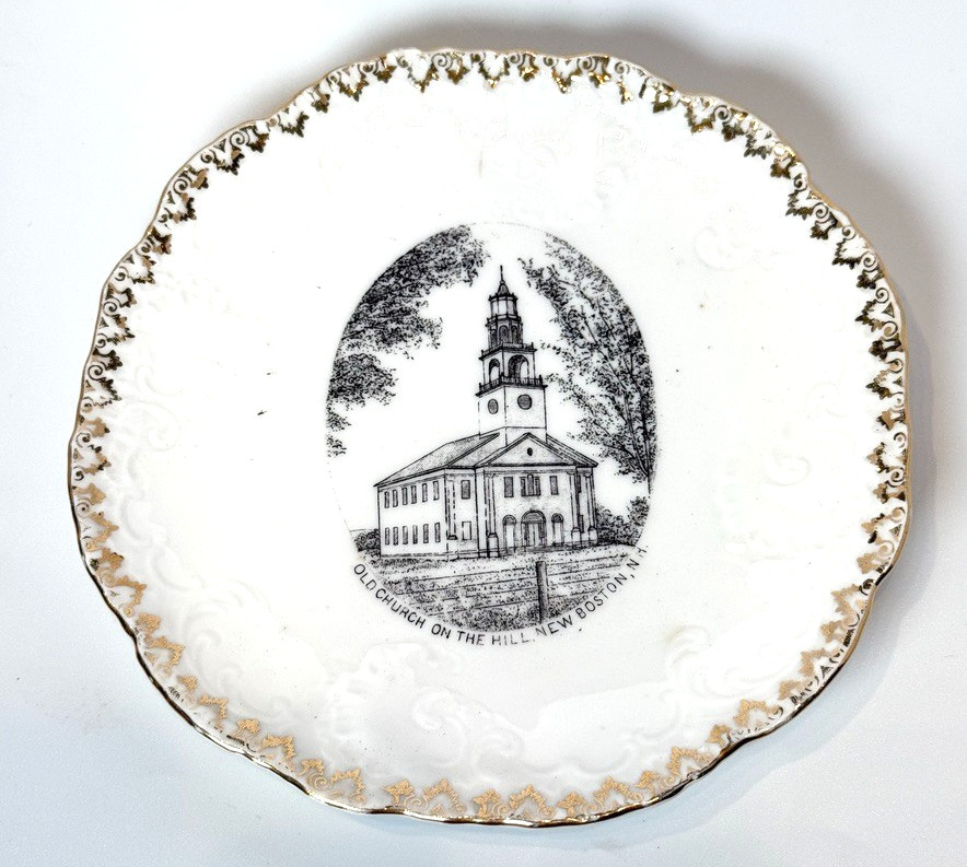 NEW BOSTON Old Church NEW HAMPSHIRE Antique  Souvenir China TRINKET DISH PLATE