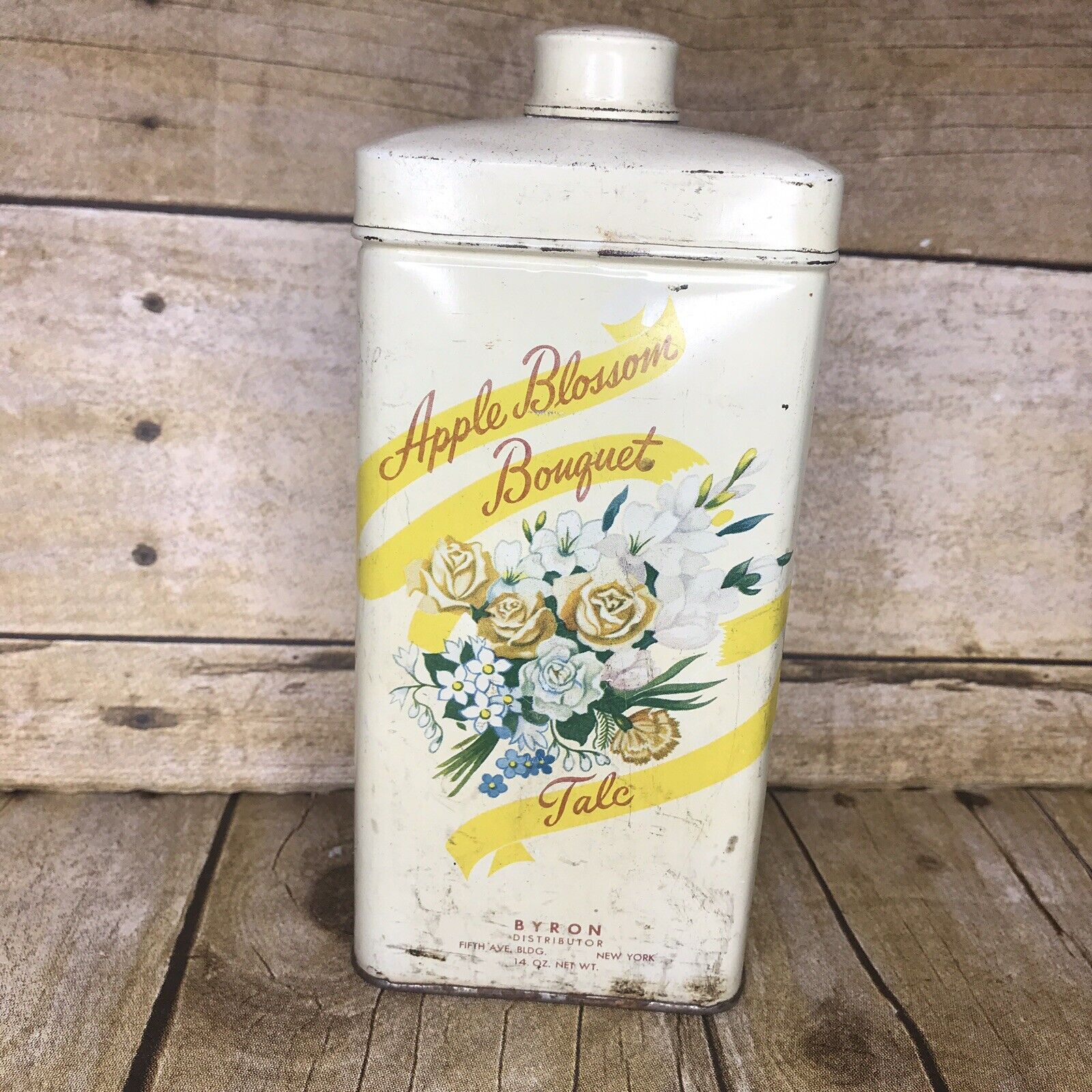 Vintage Talcum Powder Tin Byron Apple Blossom Bouquet 14 Ounce