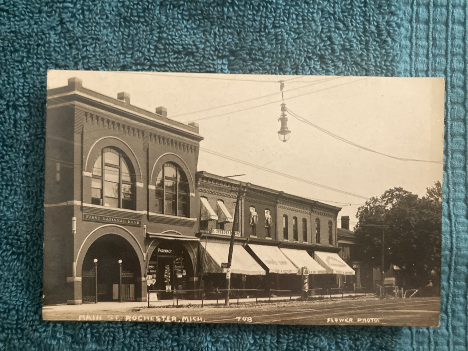 RPPC Rochester Michigan 1st National Bank & Pharmacy Corner Store Unposted c1910