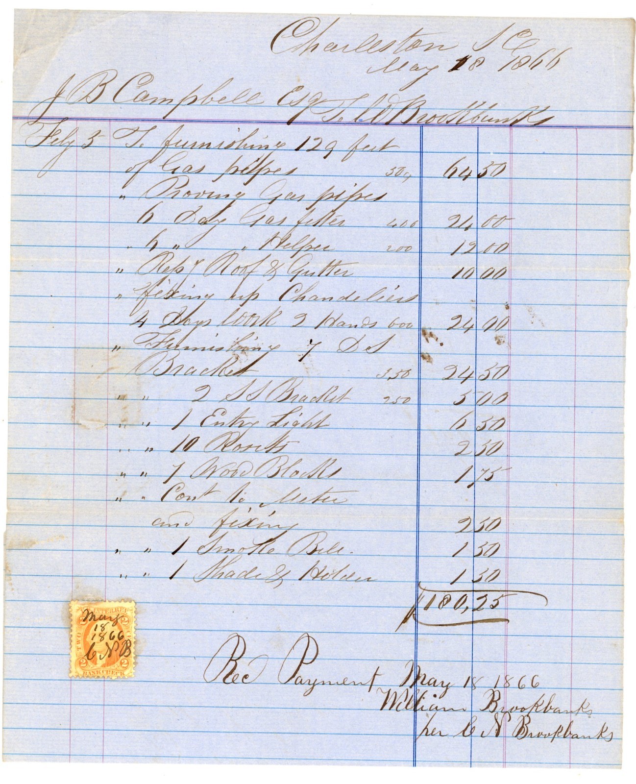 1866 Charleston SC Antique Invoice Gas Pipe Fitting Chandeliers Revenue Stamp