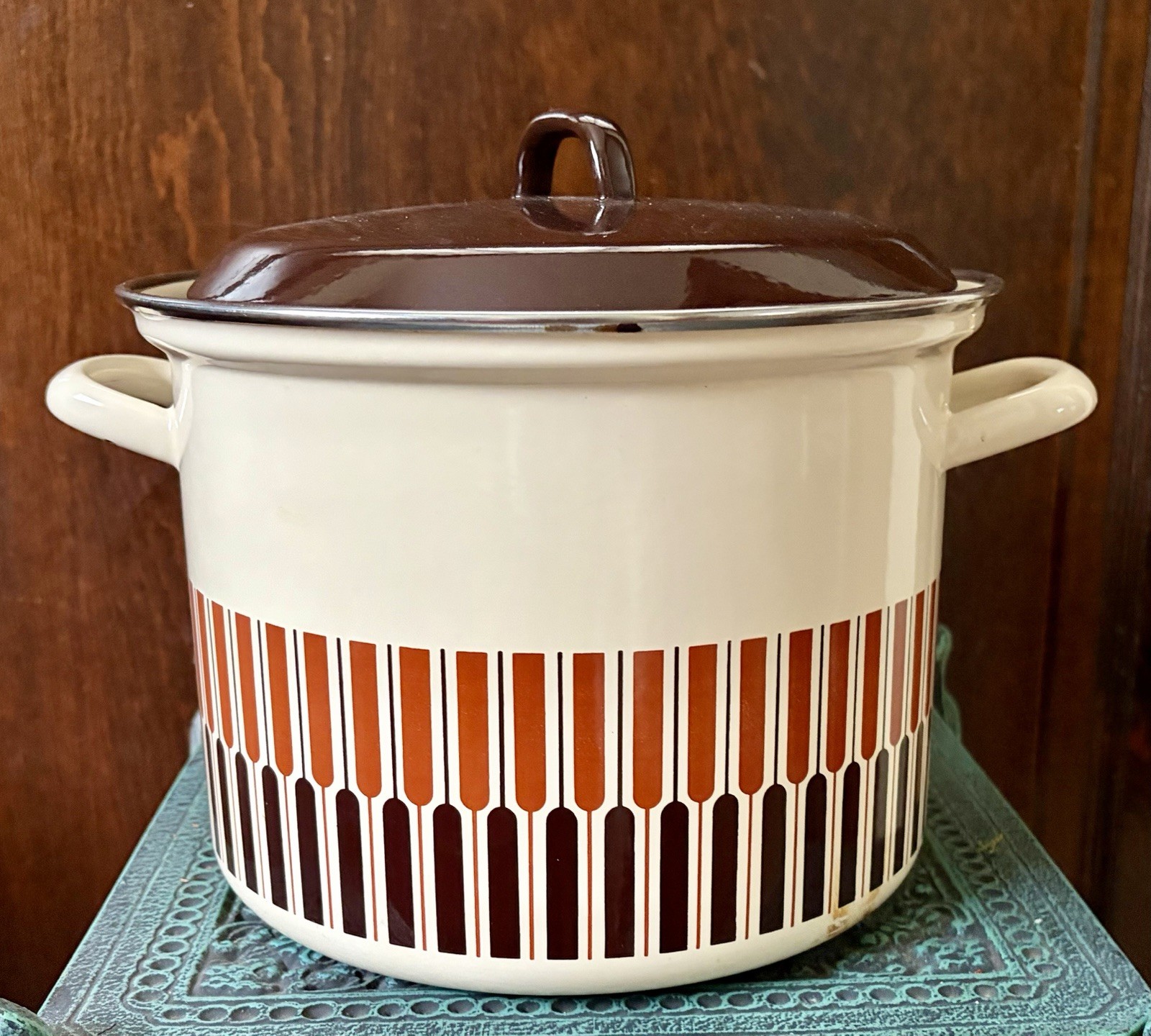 Vintage Moneta Retro Beige Brown Stock Pot 8-Quart Enamel w/Lid Made in Italy