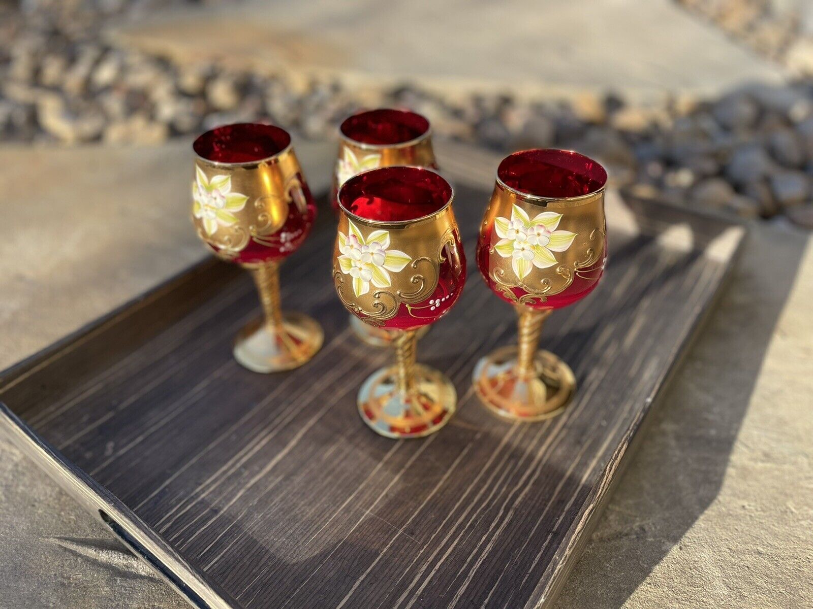 Rare Murano Glass 24K Gold Leaf Wine Glass Set