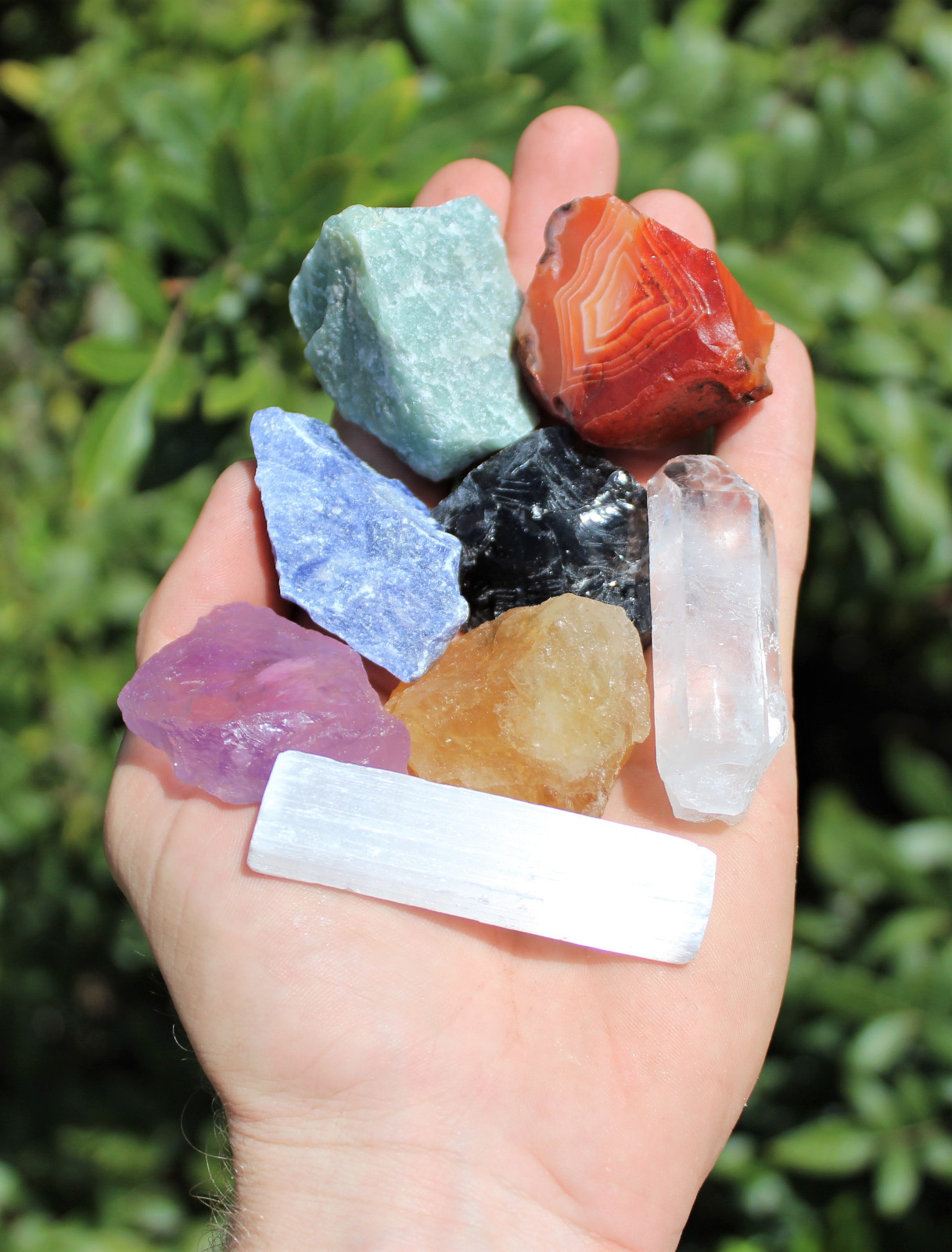 7 Chakra Stone Set (Medium) 7 Natural Rough Stones, Selenite Stick & Directions