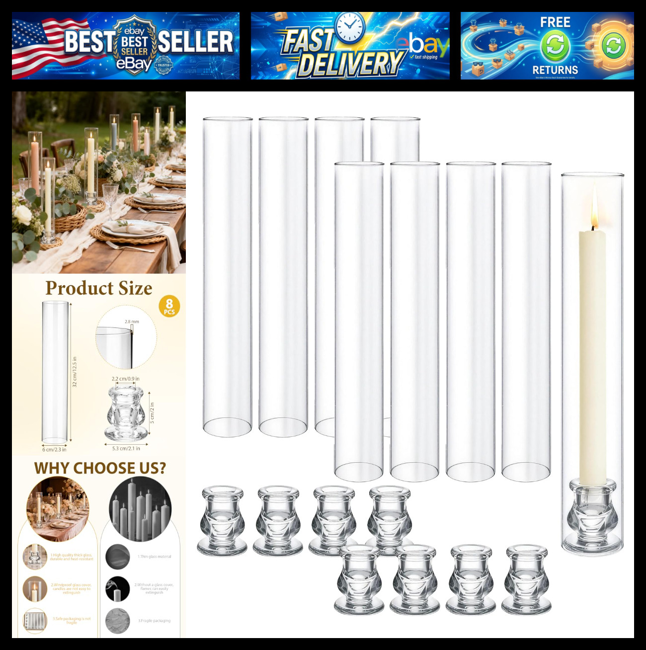 8 Set Clear Glass Hurricane Candle Holders, 12.5\