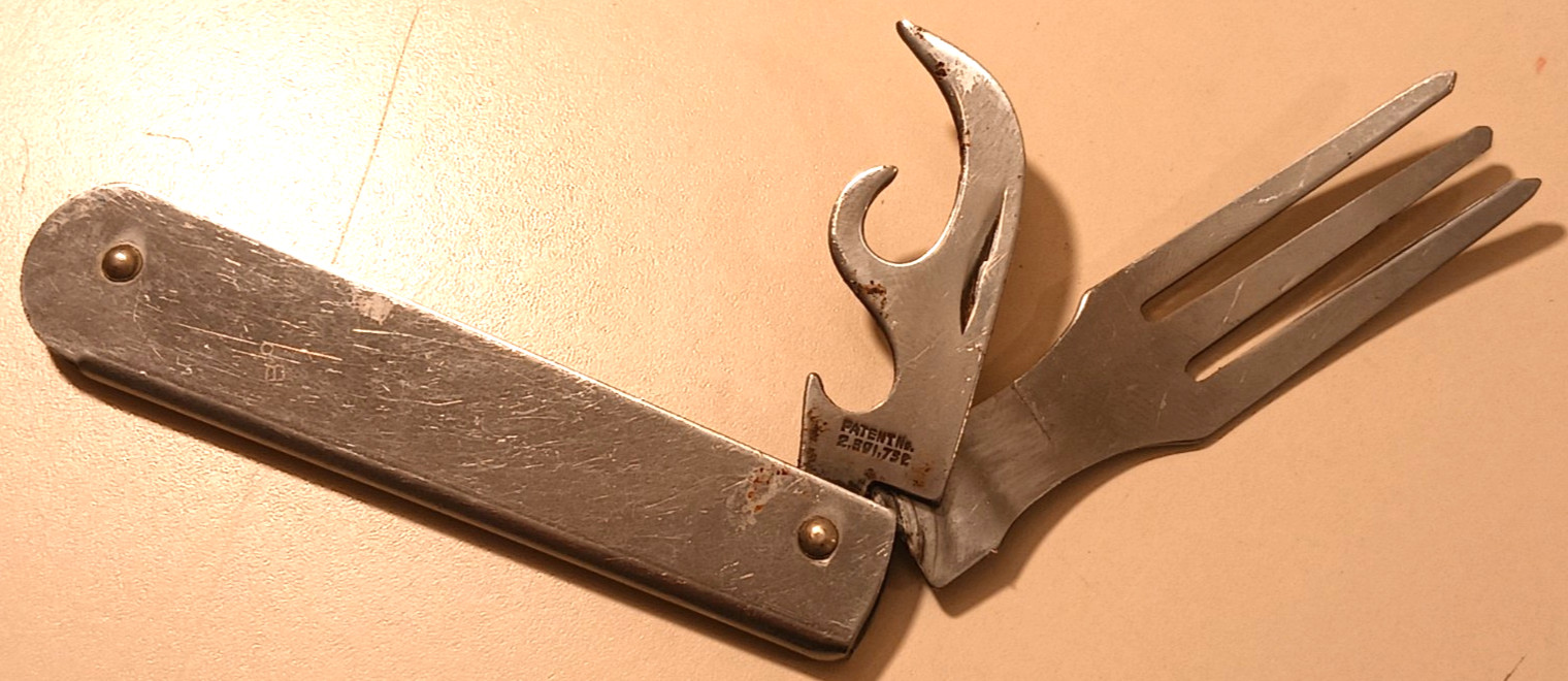 Vintage Imperial USA Folding Fork Can Opener Tool 1945 Patent 2391732 Mess Kit