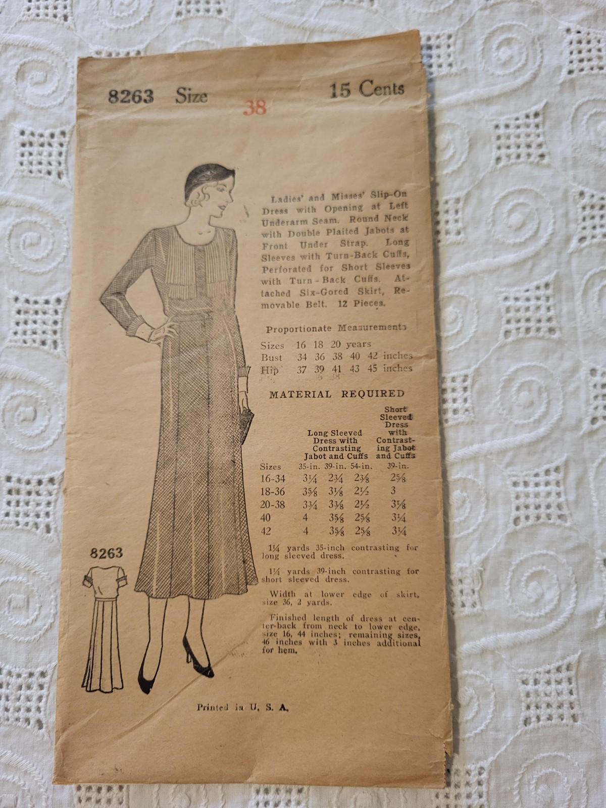 VTG 30s Mail Order Sewing Pattern #8263 Slip-on Dress Lrg sz 38 Factory Folded 