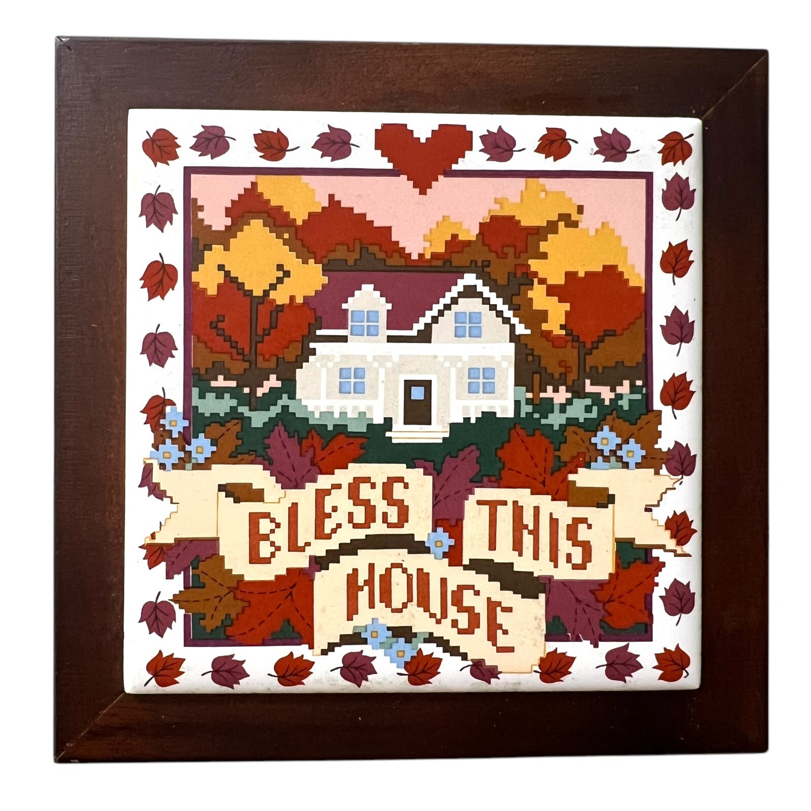 VTG Telaflora Ceramic Tile Bless This House Framed Wall Art Autumn Decor 5.5 in