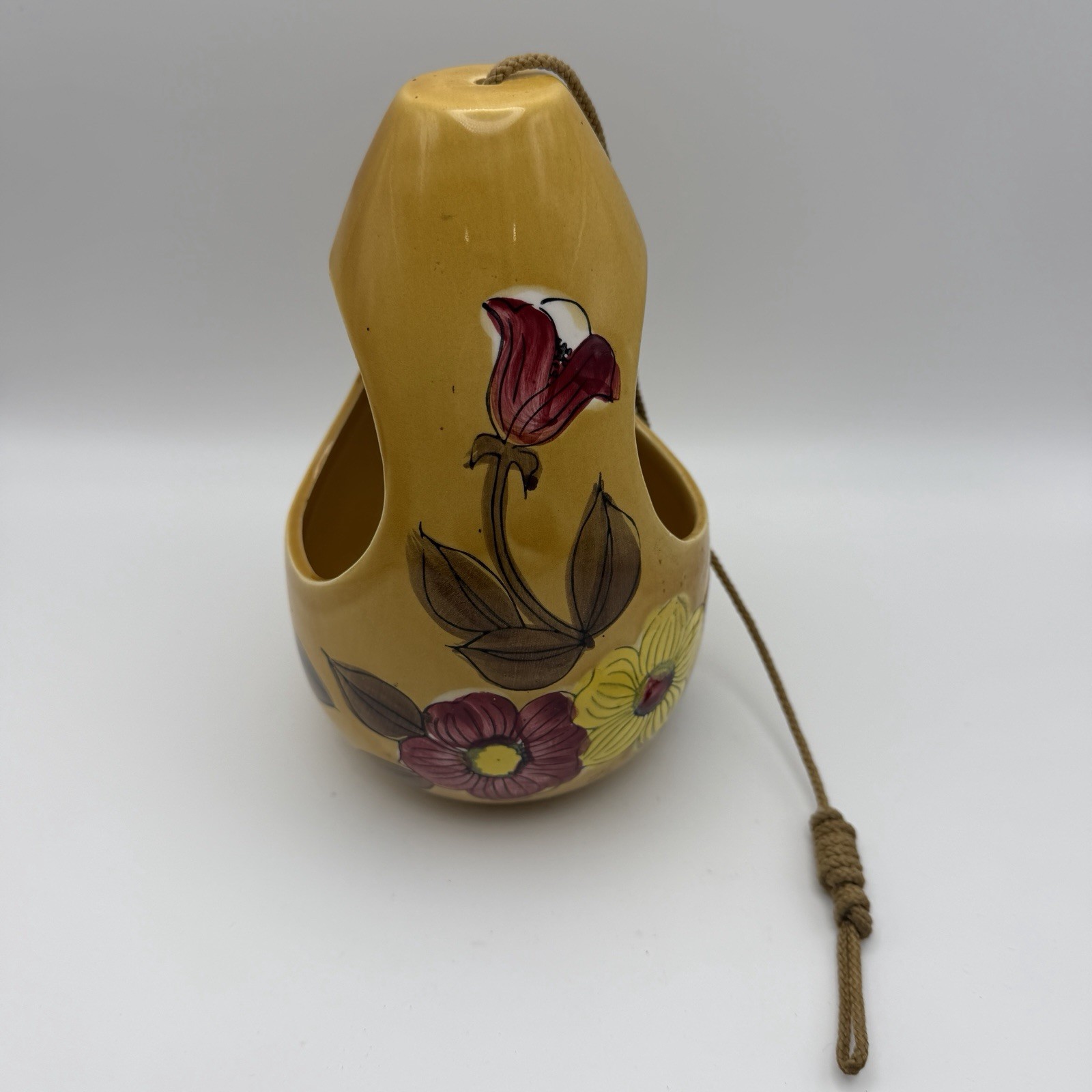 Vintage Rubens Originals Hanging Planter Yellow Ceramic Mod Floral Japan 2410