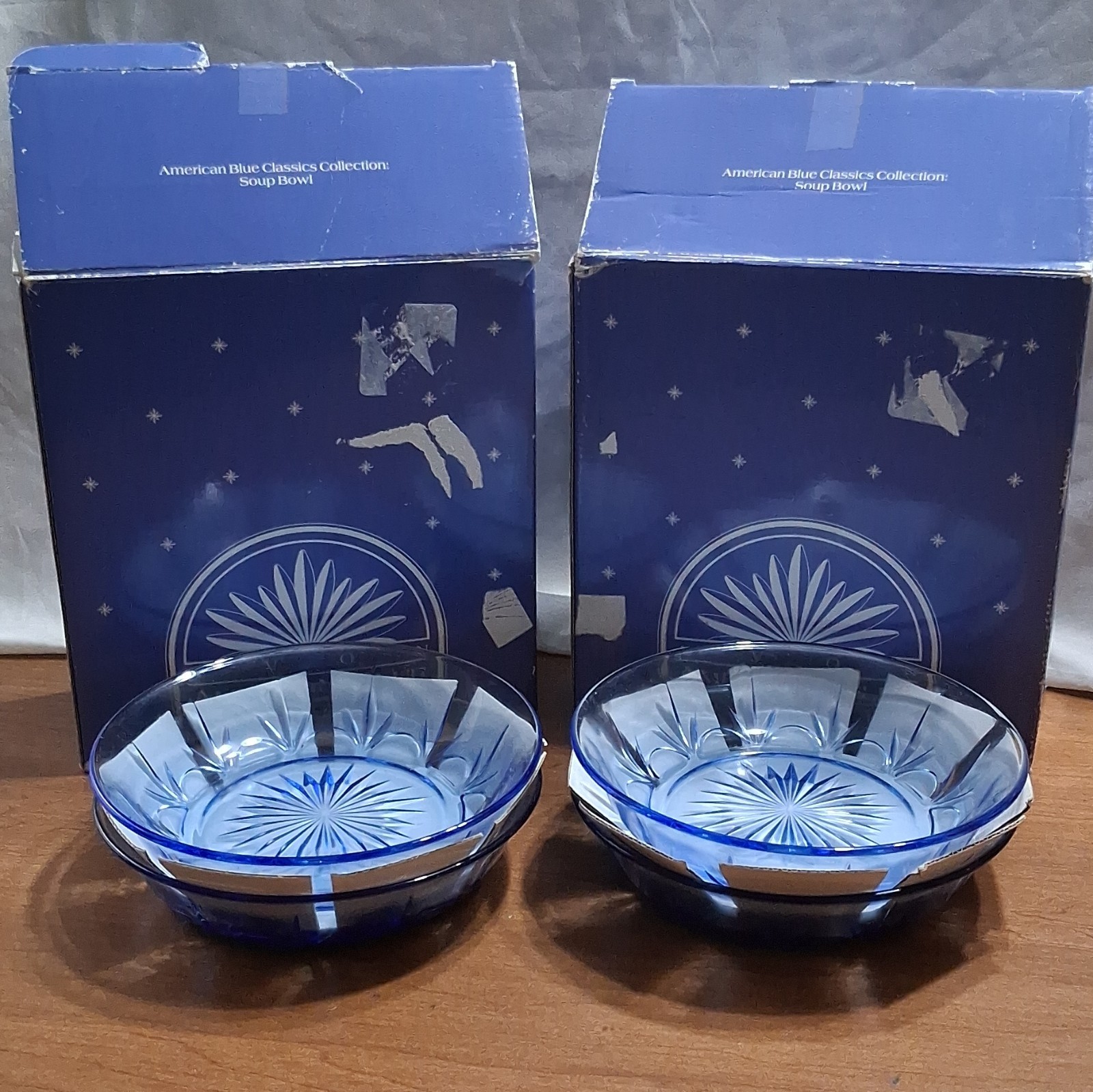 Vintage Avon American Blue Classic Collection Fostoria Soup Bowl set of 4 In Box