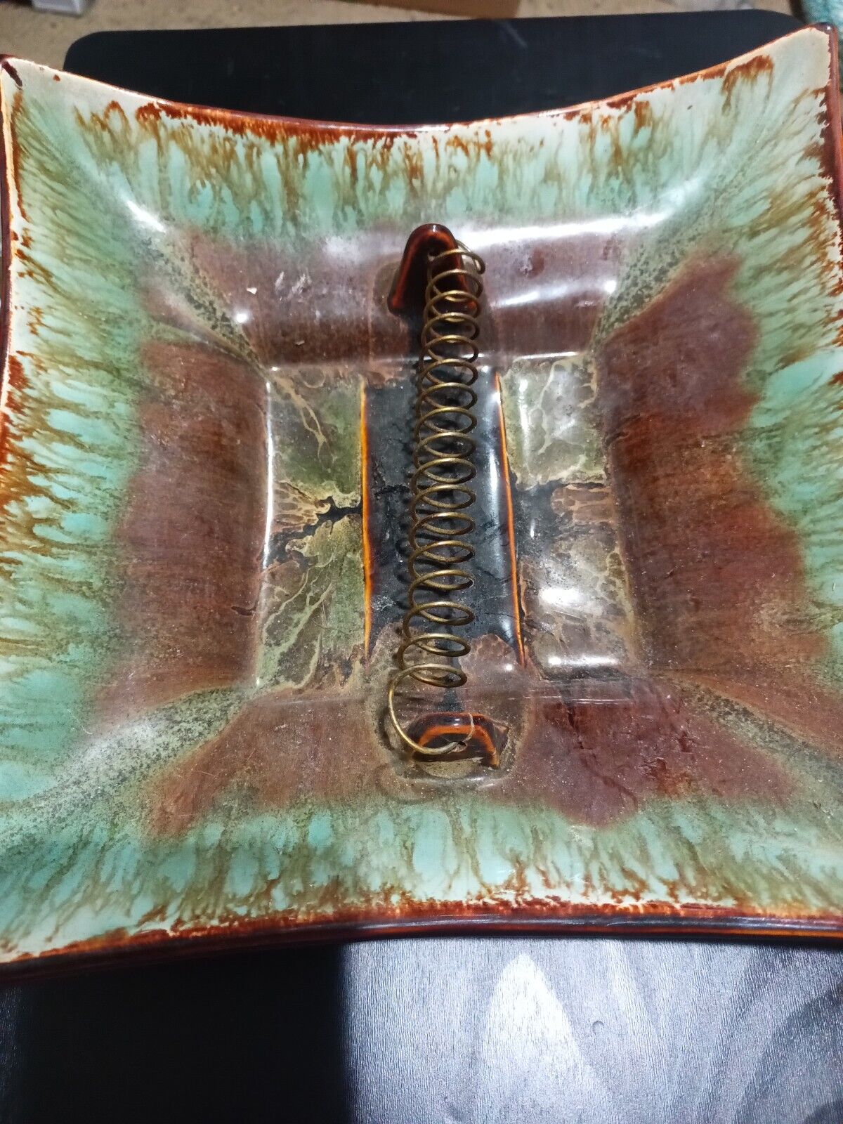 Vintage Brown and Green Glaze Ashtray With Copper Colored Coil; Mid Century