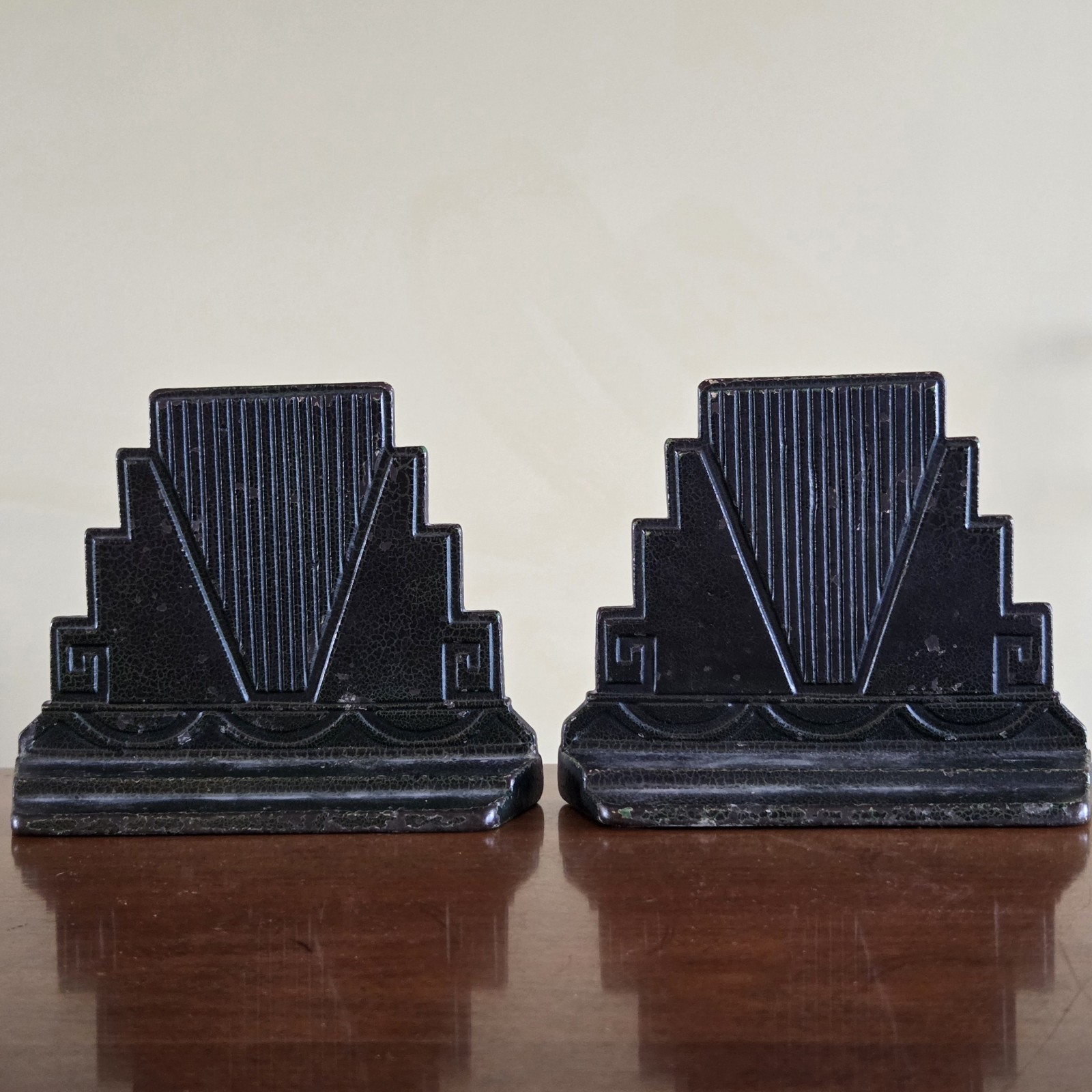 Antique Art Deco Skyscraper Cast Iron Pair Bookends Green Crackle Finish Heavy