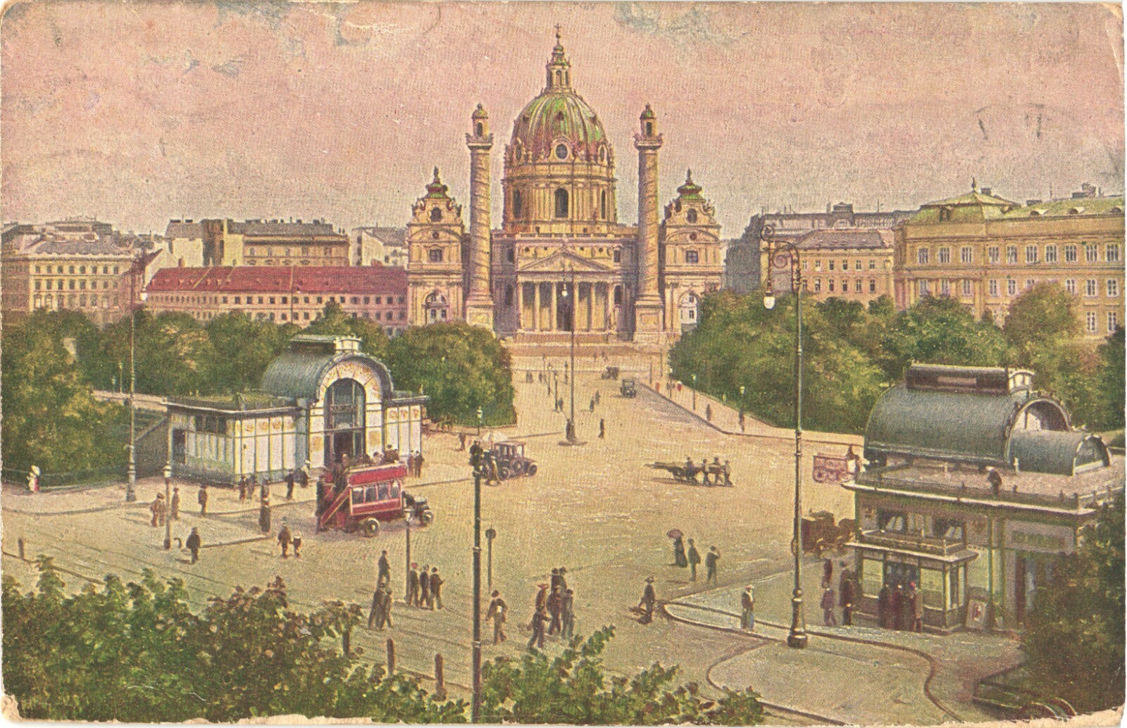 Vienna Austria Karlskirche & Karlsplatz Stadtbahn Pavilions Postcard c1914
