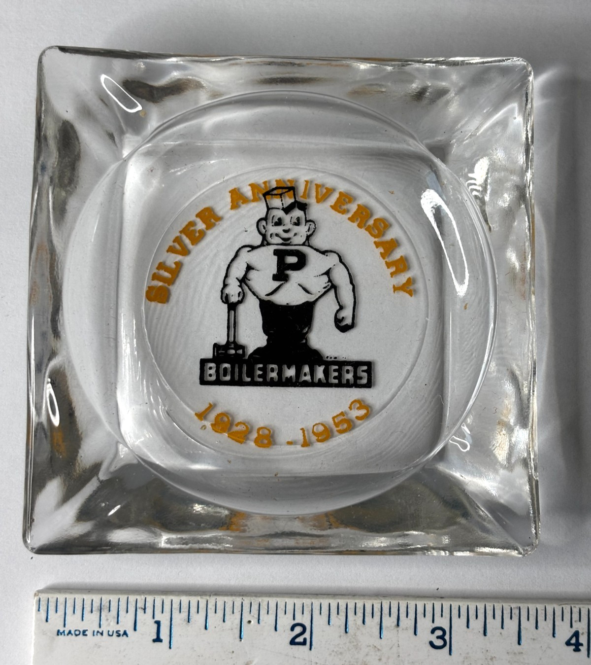 Glass Ashtray Purdue University Boilermakers Silver Anniversary 1928-1953 Vtg