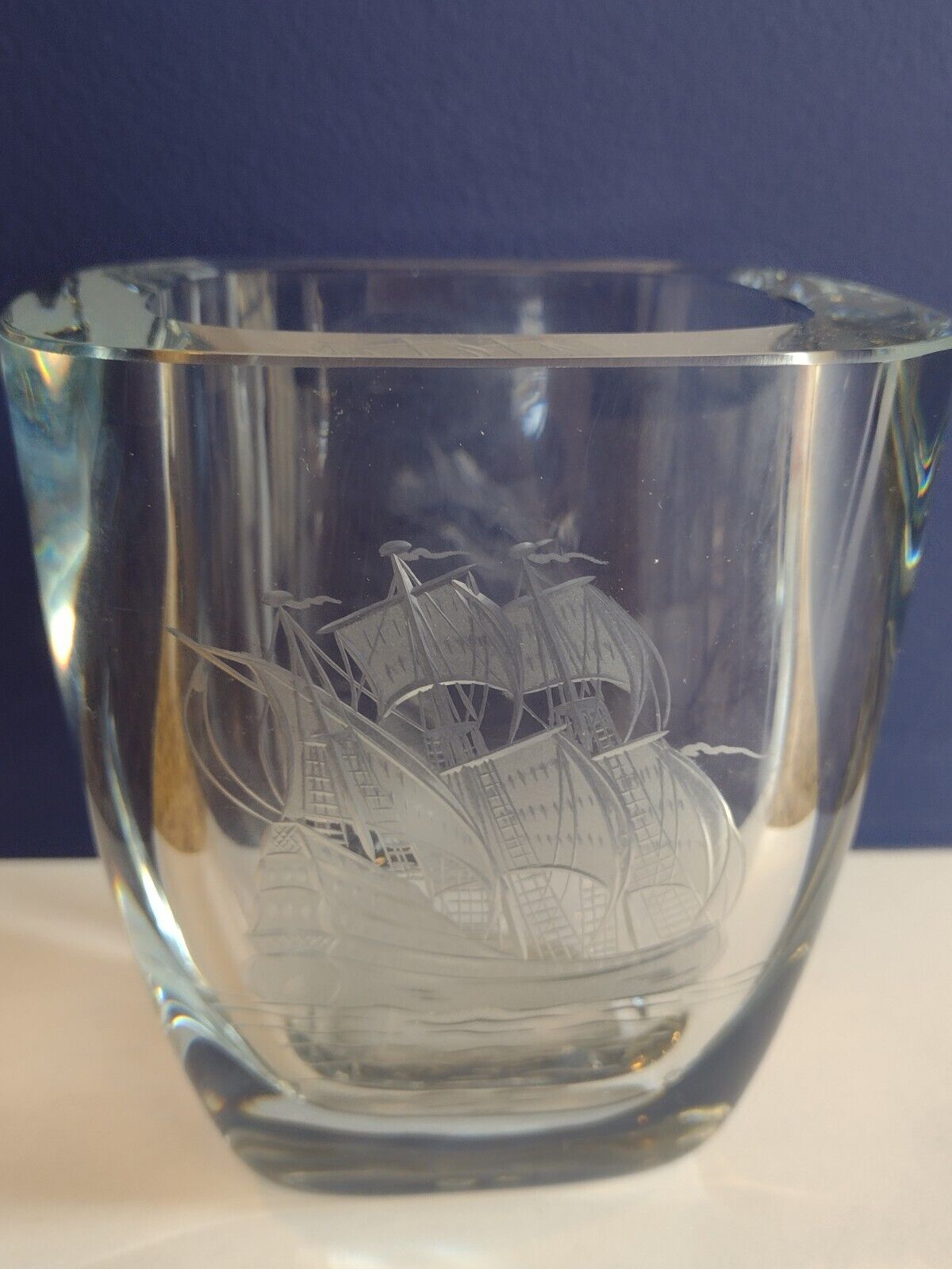 Vintage Stromberg Sweden MCM Signed Etched Glass Ship Vase