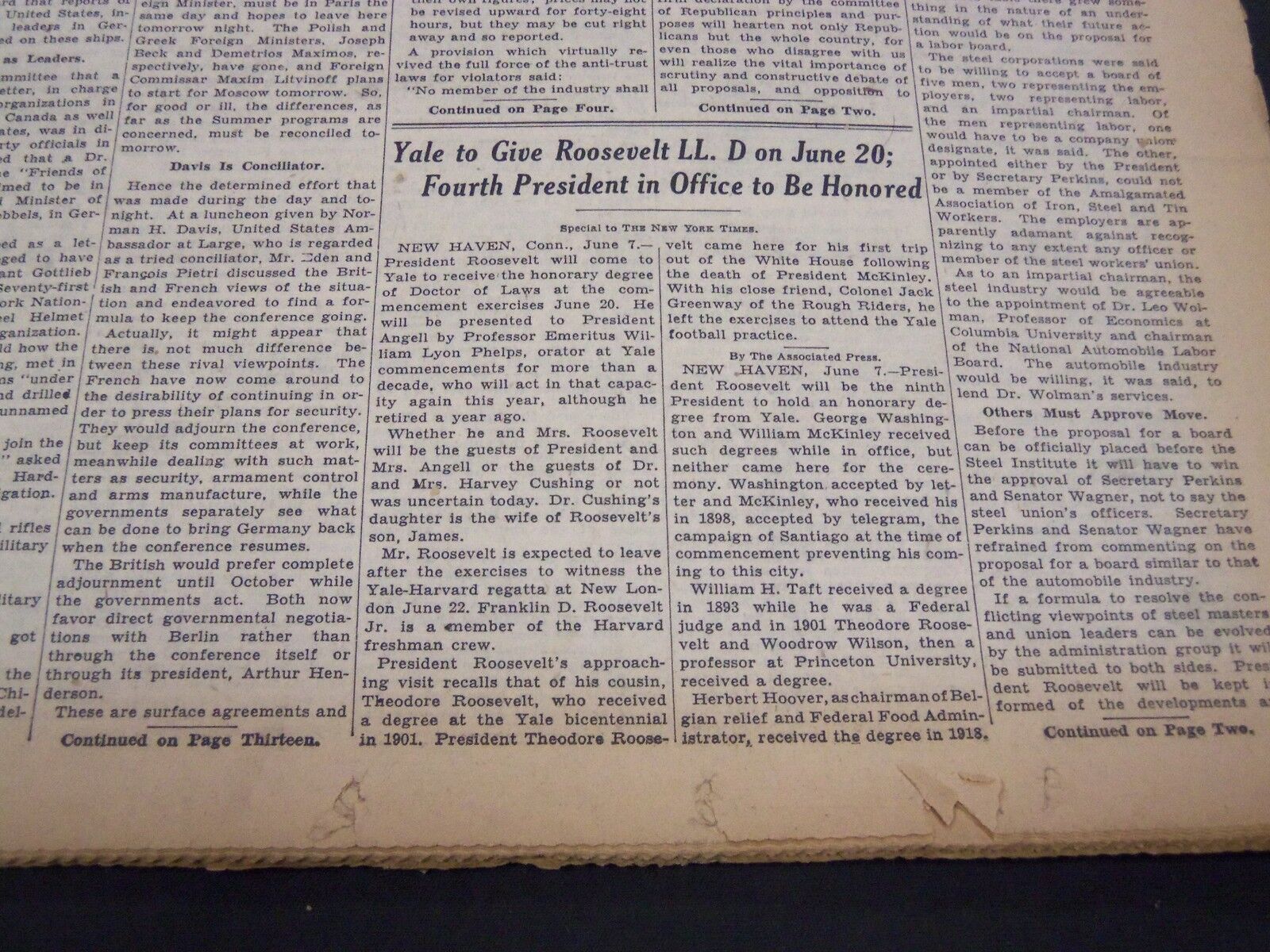1934 JUNE 8 NEW YORK TIMES - YALE TO GIVE ROOSEVELT LL.D - NT 4206