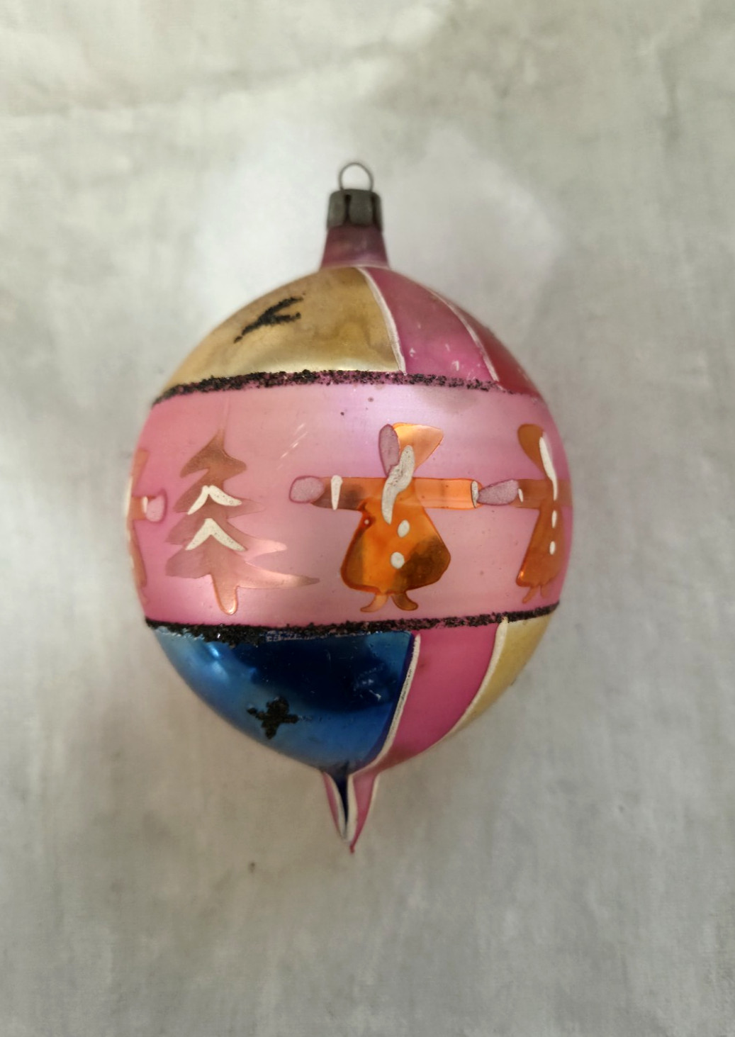 Vintage Mercury Glass Christmas Pink Ornament Tear Drop Dancing Santa Poland