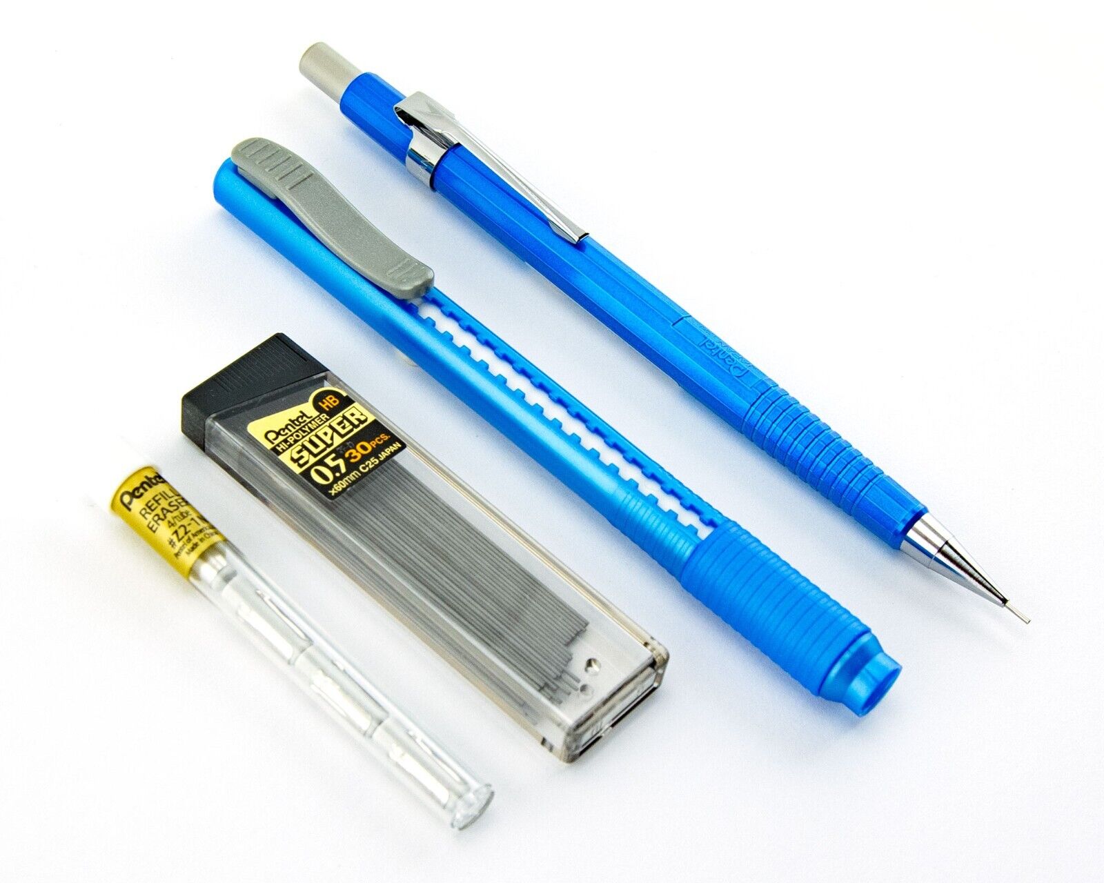 Pentel Sharp Mechanical Pencil Metallic Blue 0.5mm Refill Leads Clic Eraser Lot