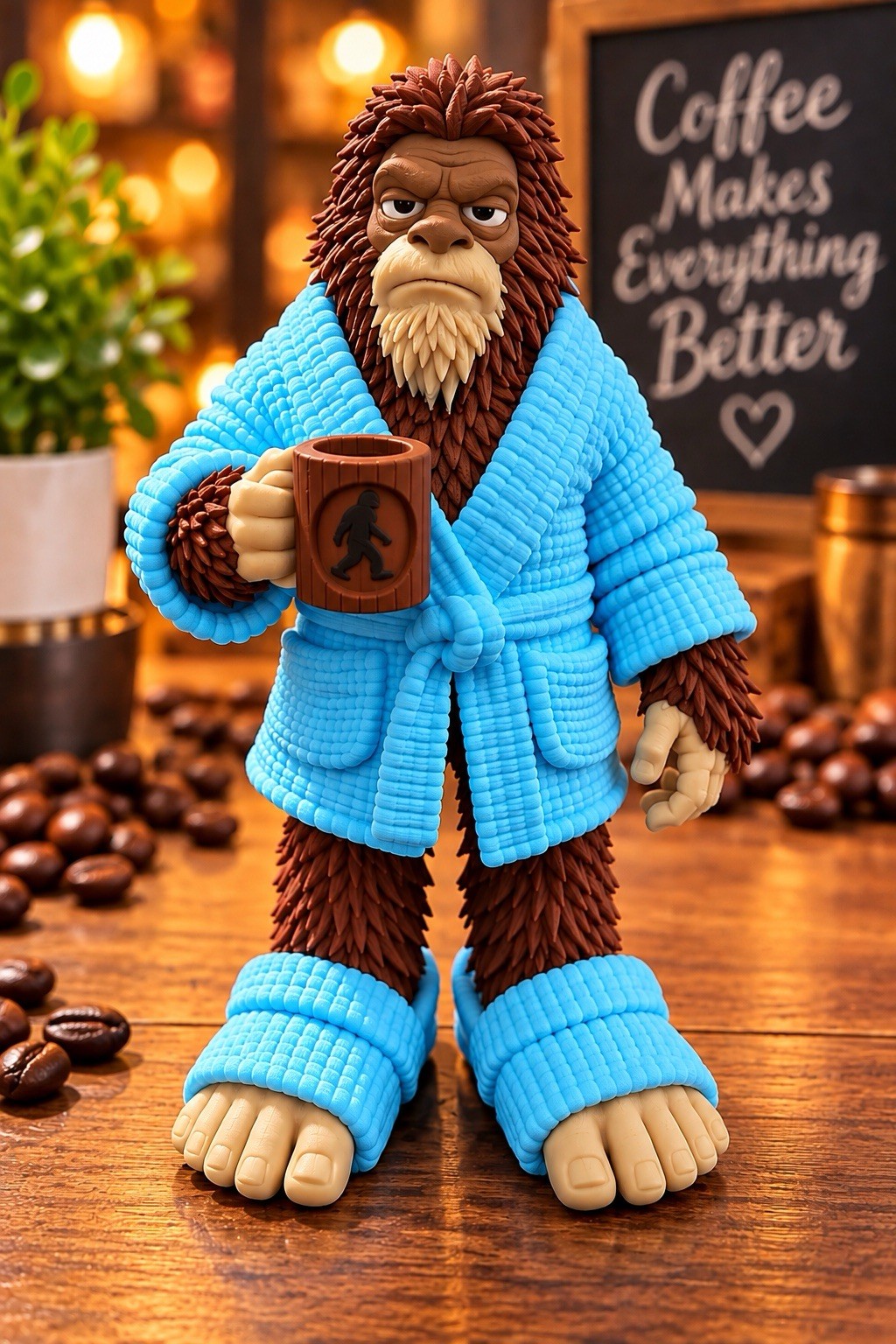 Bigfoot Sasquatch 3D Effect Figurine in Blue Bathrobe Slippers w Coffee Mug