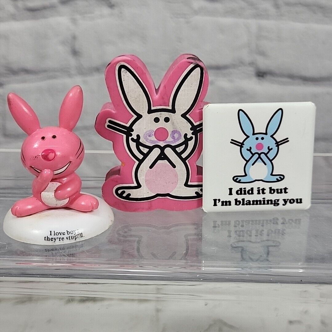Jim Benton Happy Bunny Collectors Lot Figure Eraser Pinback Button Y2k Hot Topic