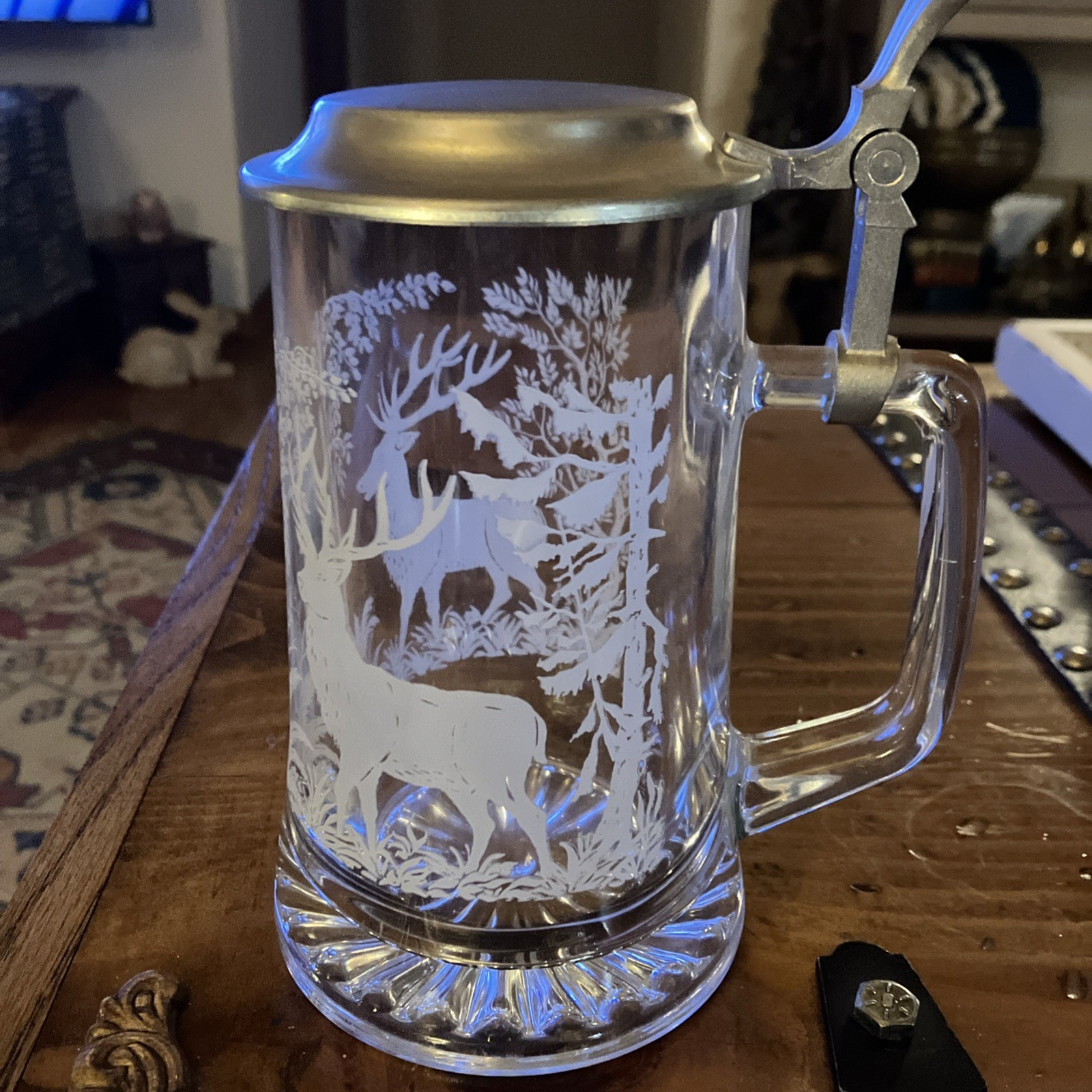 Vtg Domex Etched Glass Beer Stein Westerwald Germany Pewter Lid Stag Trees 7 Vtg Domex Etched Glass Beer Stein Westerwald Germany Pewter Lid Stag Trees 7