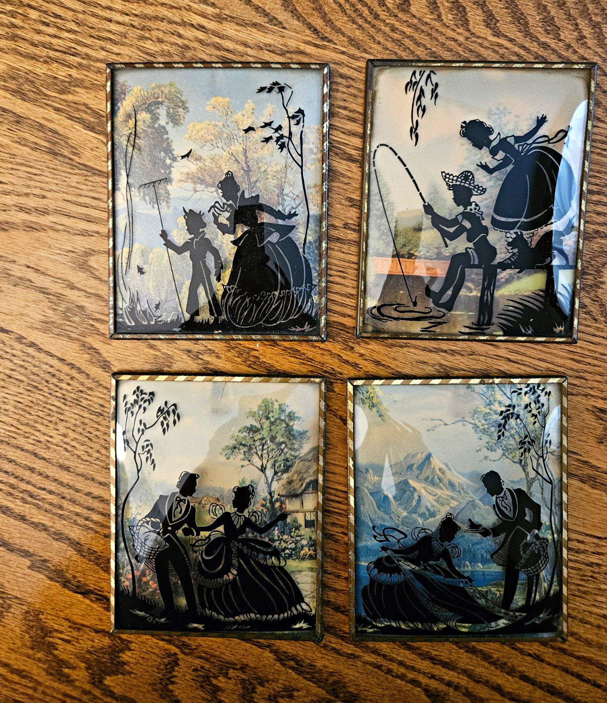 Set of 4 Vintage-Style Framed Silhouette Couple Glass Tiles, Metal Frames
