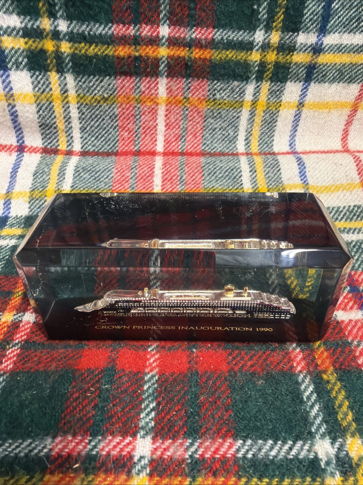 VINTAGE CROWN PRINCESS INAUGURATION 1990 CRUISE SHIP ENCASED LUCITE PAPERWEIGHT