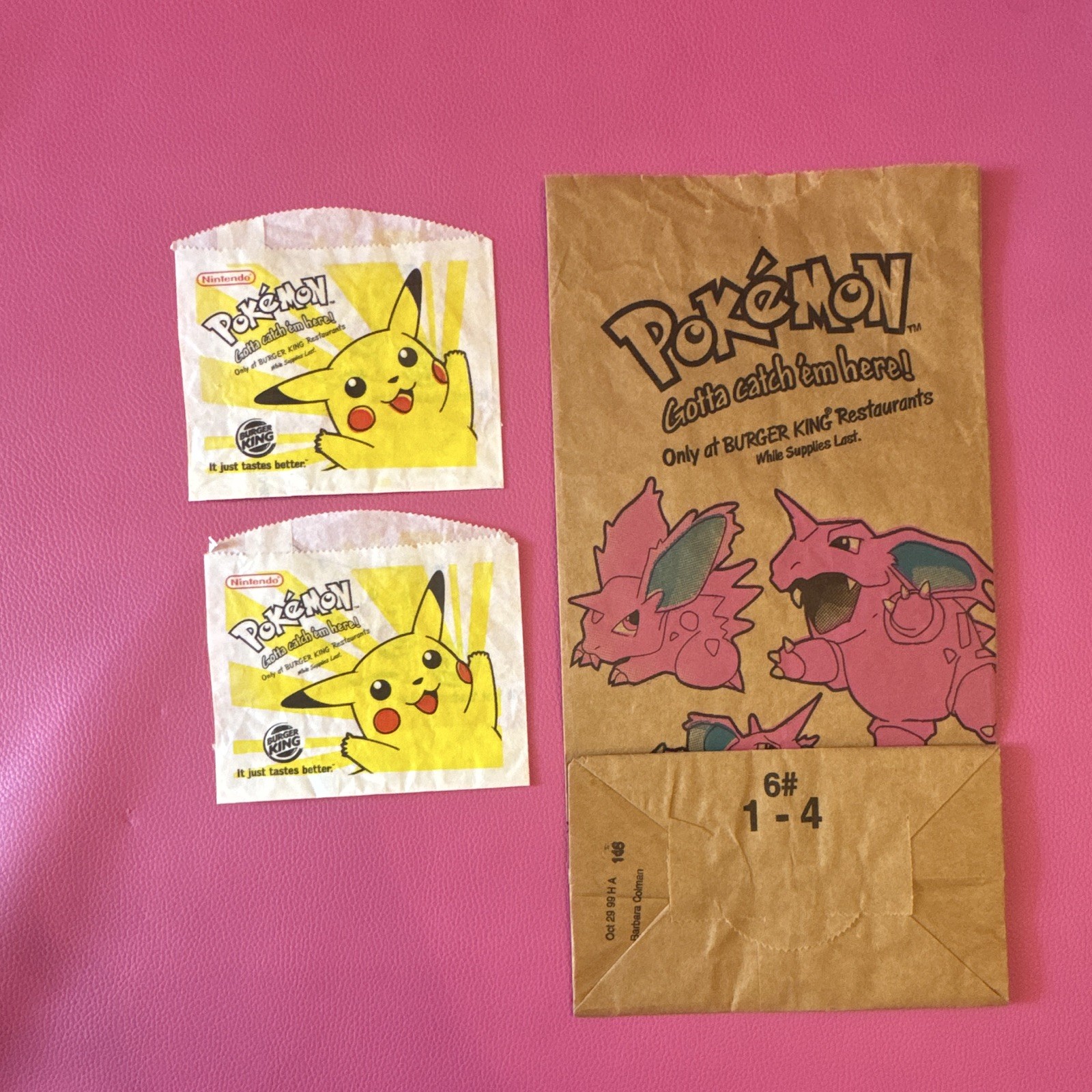 1999 Burger King Pokémon Paper Bags Lot of 3 Pikachu Nidoking Vintage