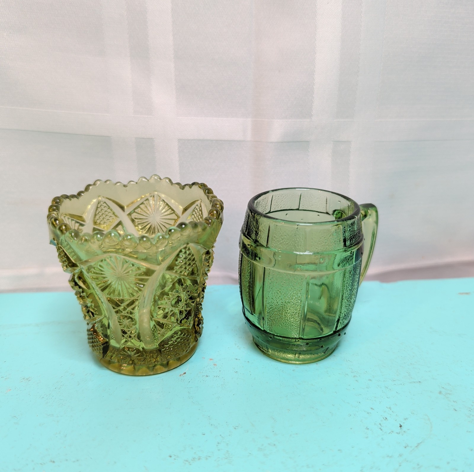 2 Vintage Green Pressed Glass Toothpick Holders Mini Barrel Mug Shot Glass...