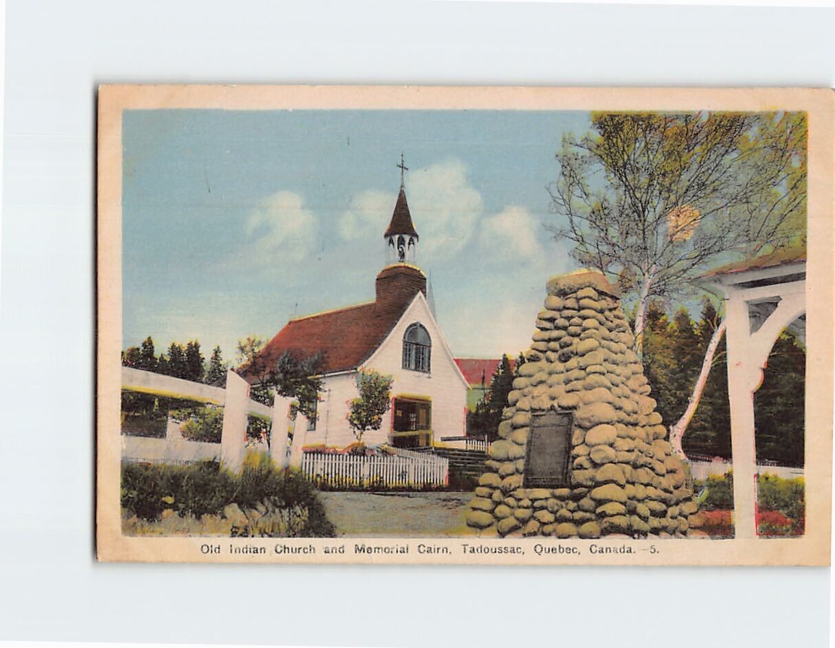 Postcard Old Indian Church & Memorial Cairn Tadoussac Quebec Canada
