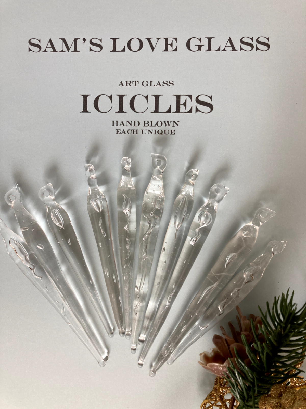 Glass ICICLE Christmas Tree Ornaments Handmade Blown Unique Set 10 NEW w Box
