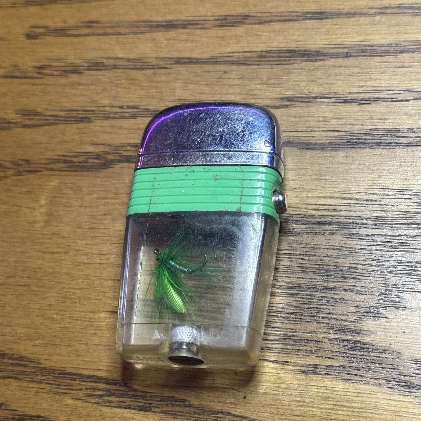 Vtg Scripto Vu-Lighter-RARE-Green Tint Tank-Fish Hook Used Condition