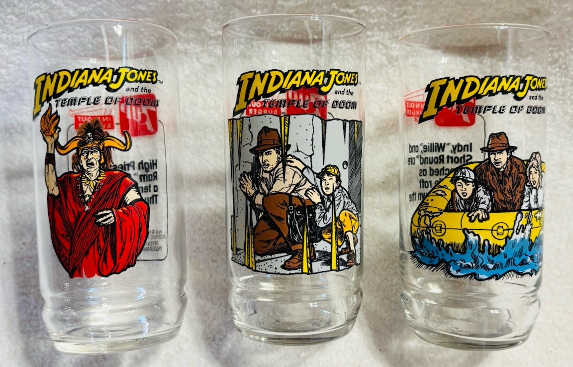 1984  Indiana Jones and Temple of Doom Collectible 7UP/Arbys Glasses - Lot of 3