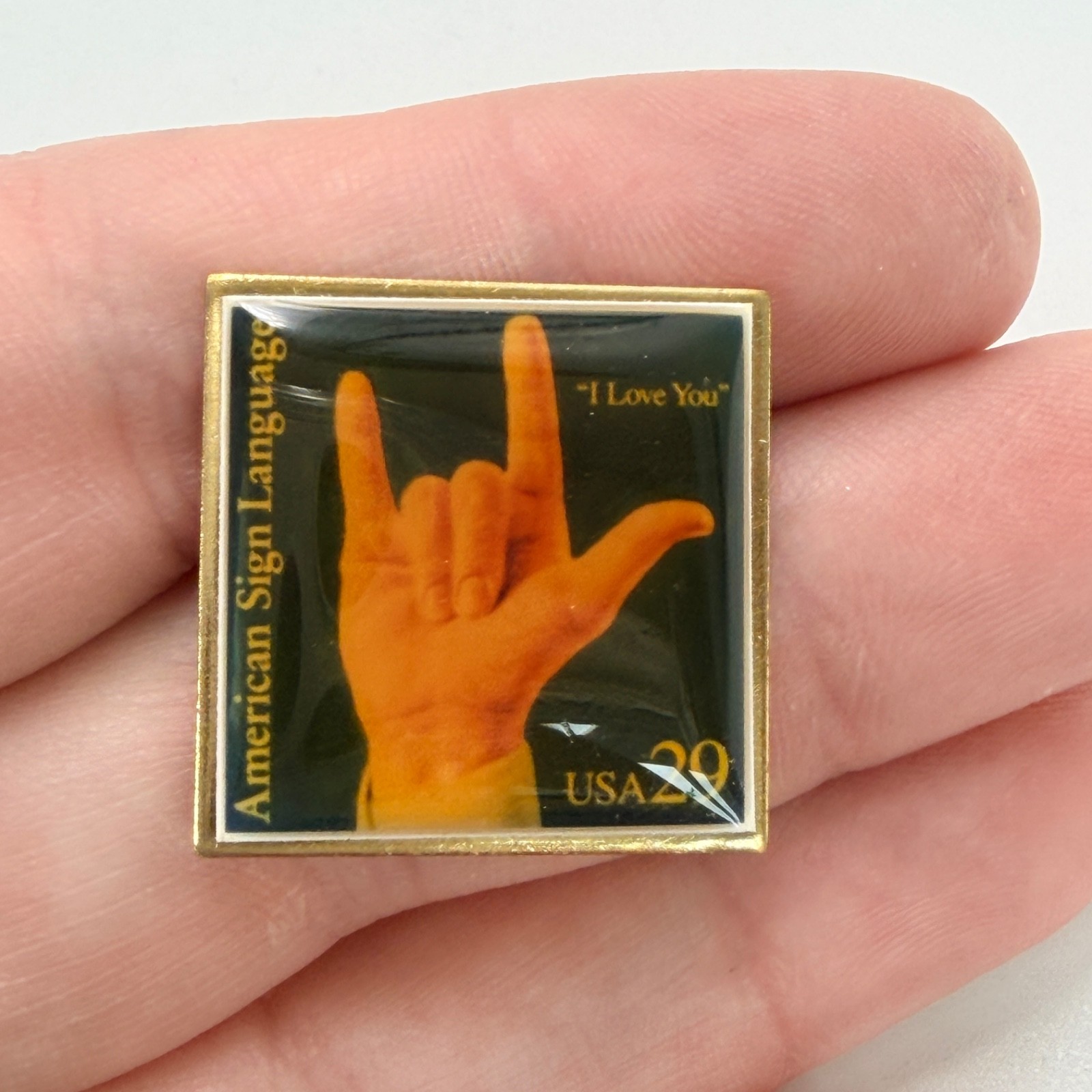 1998 USPS American Sign Language Lapel Pin I Love You Stamp 29c Winco Vintage
