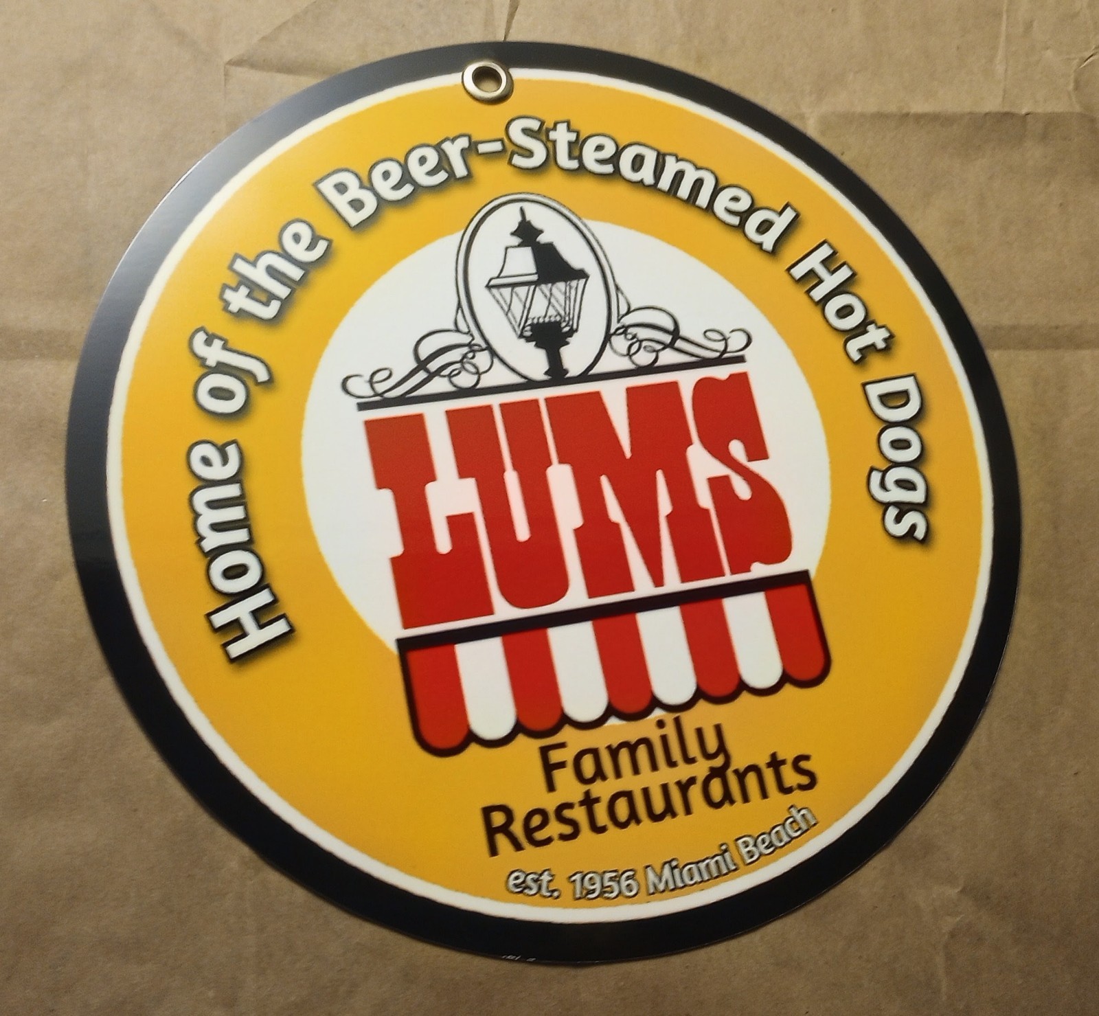Lums Family Restaurants sign .. Miami Beach 1956 .. Beer Steamed Hot Dogs 