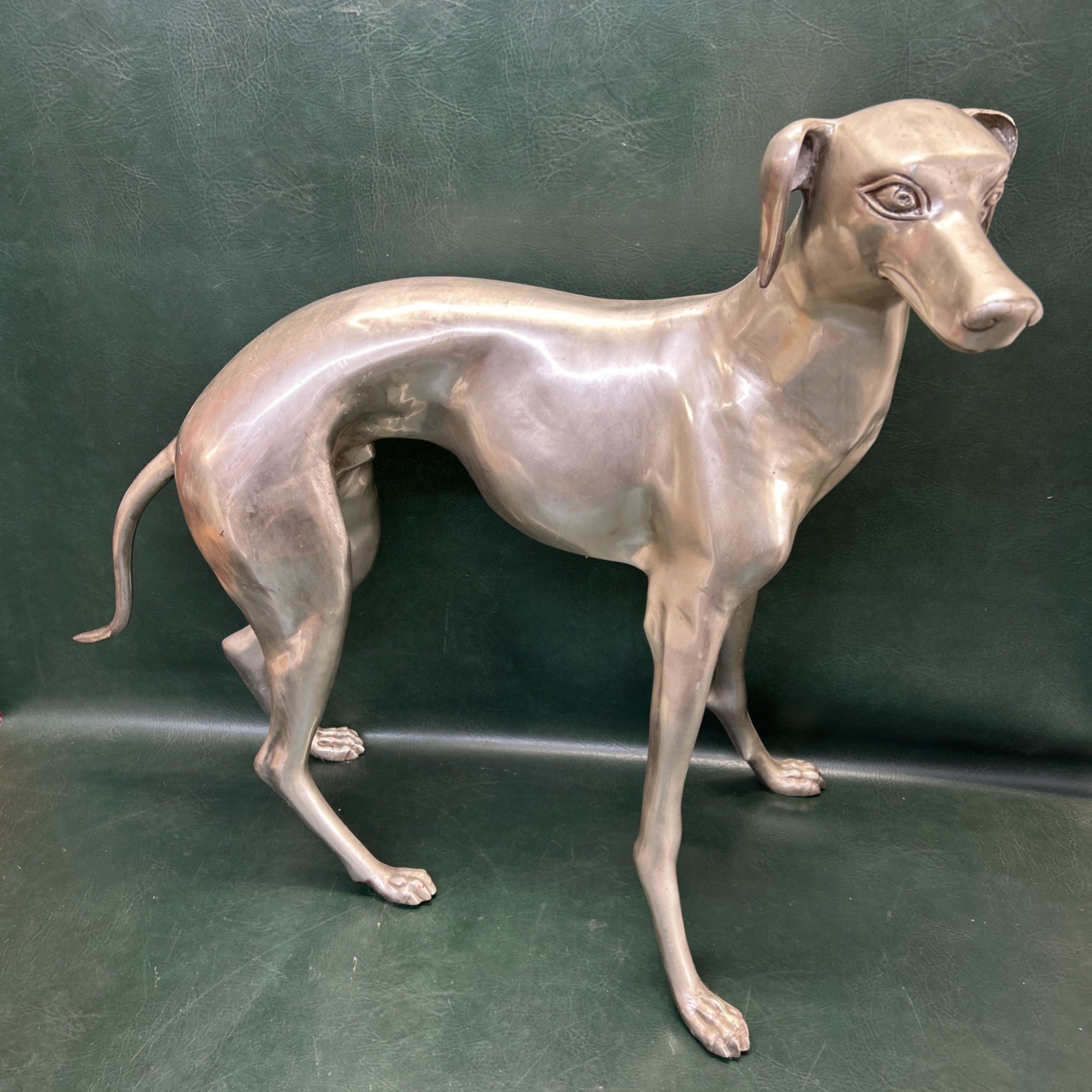 Fine Vintage Life Size Nickle plated Cast Brass Greyhound Whippet Dog  Sculpture