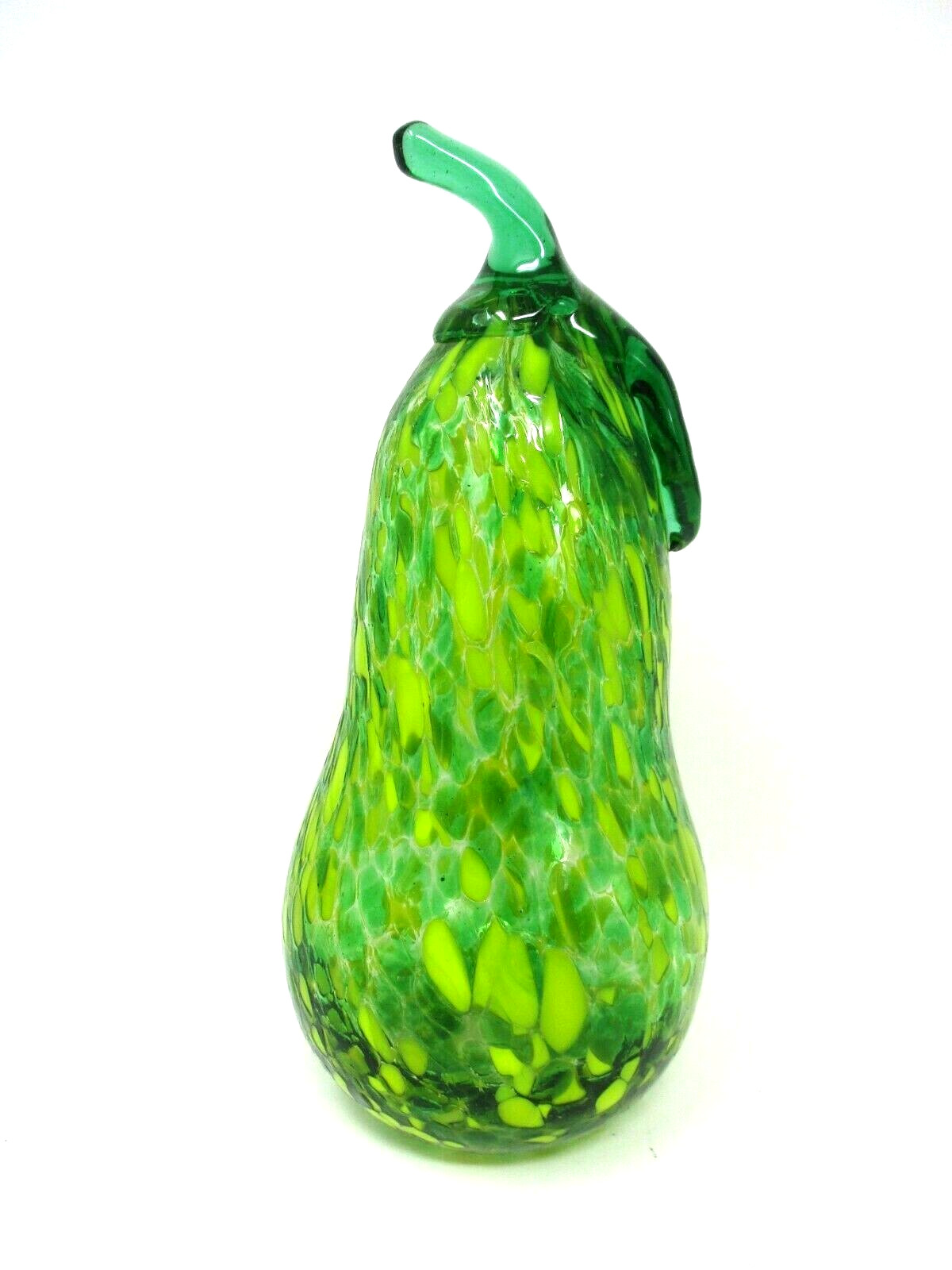 Art Glass Pear Paperweight Green Yellow Speckled 8in Tall Art Glass Pear Paperweight Green Yellow Speckled 8in Tall