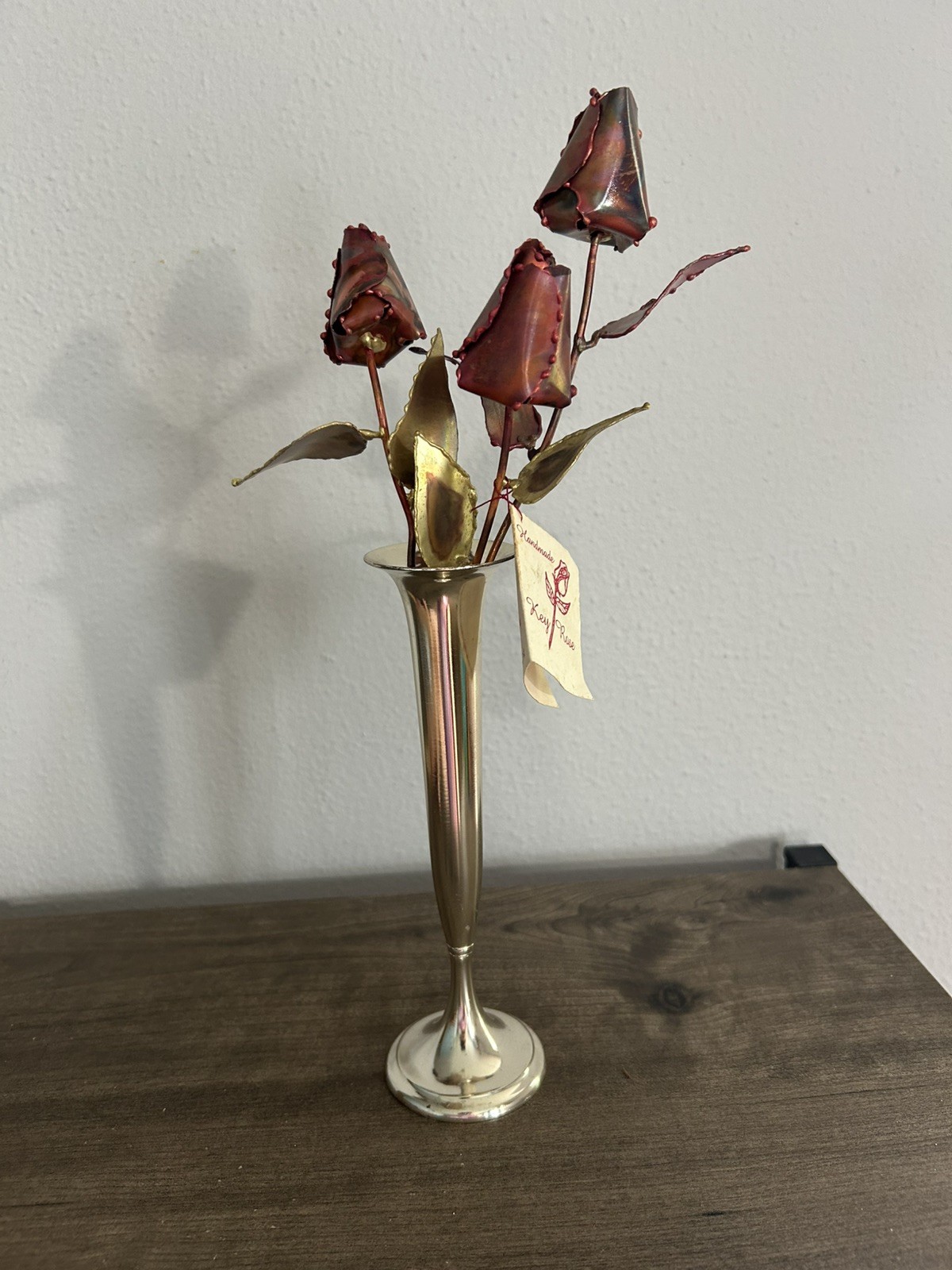 Metal Roses Set of 3 Beautiful Medium Stem Bouquet With Stand - 9” & 9 3/4”