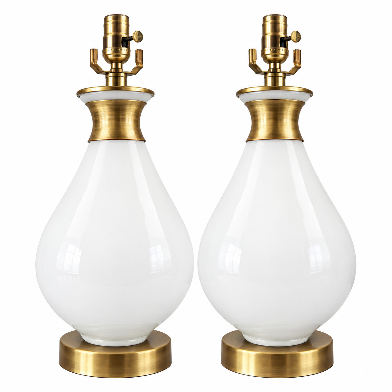 Pair White Opaline Glass Teardrop Table Lamps Antique Brass Finish 3-Way Modern