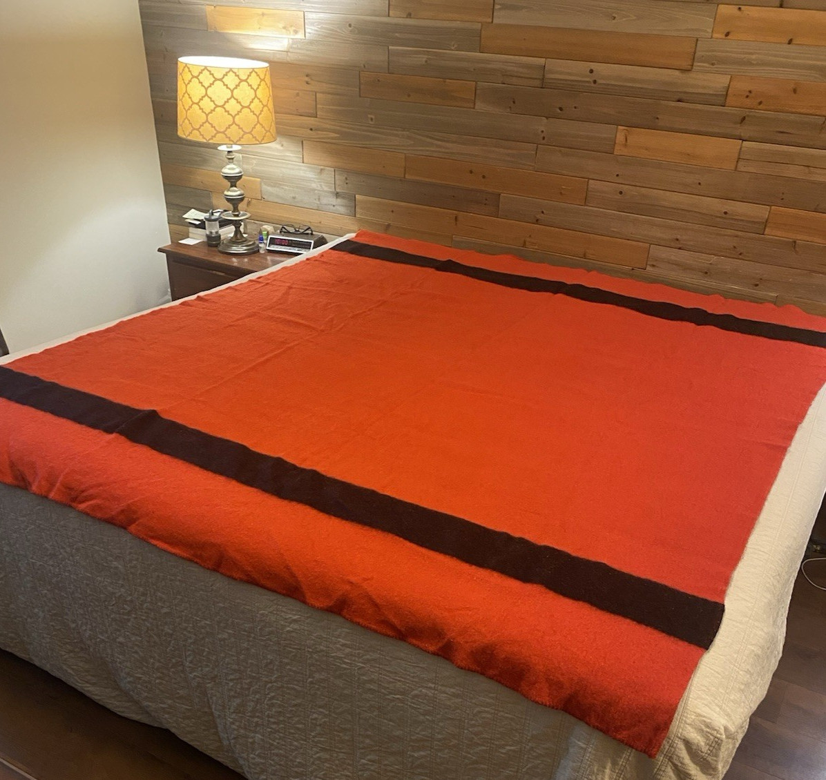 Vintage Red Wool Blanket with Black Stripes 82”x68\